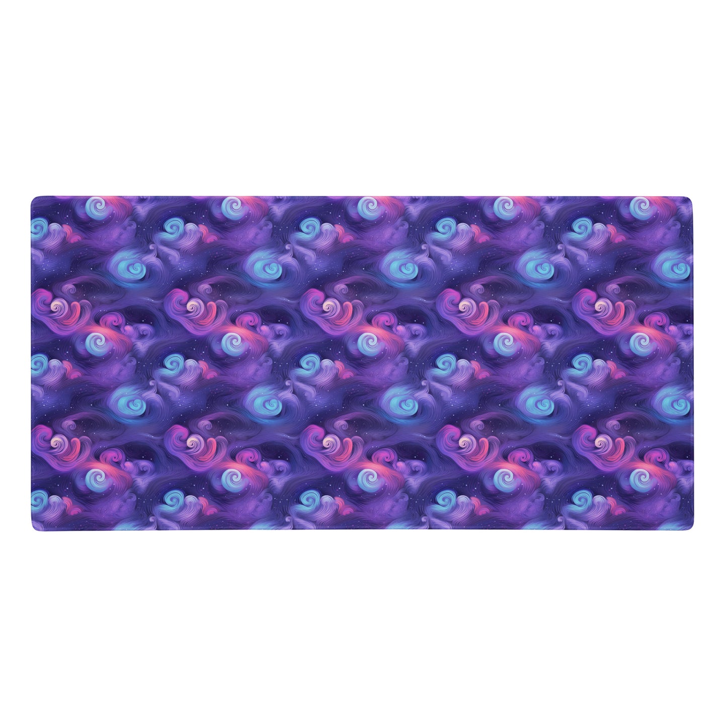 A 36" x 18" desk pad with fluffy clouds and stars on it. Blue and Purple in color