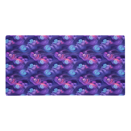 A 36" x 18" desk pad with fluffy clouds and stars on it. Blue and Purple in color