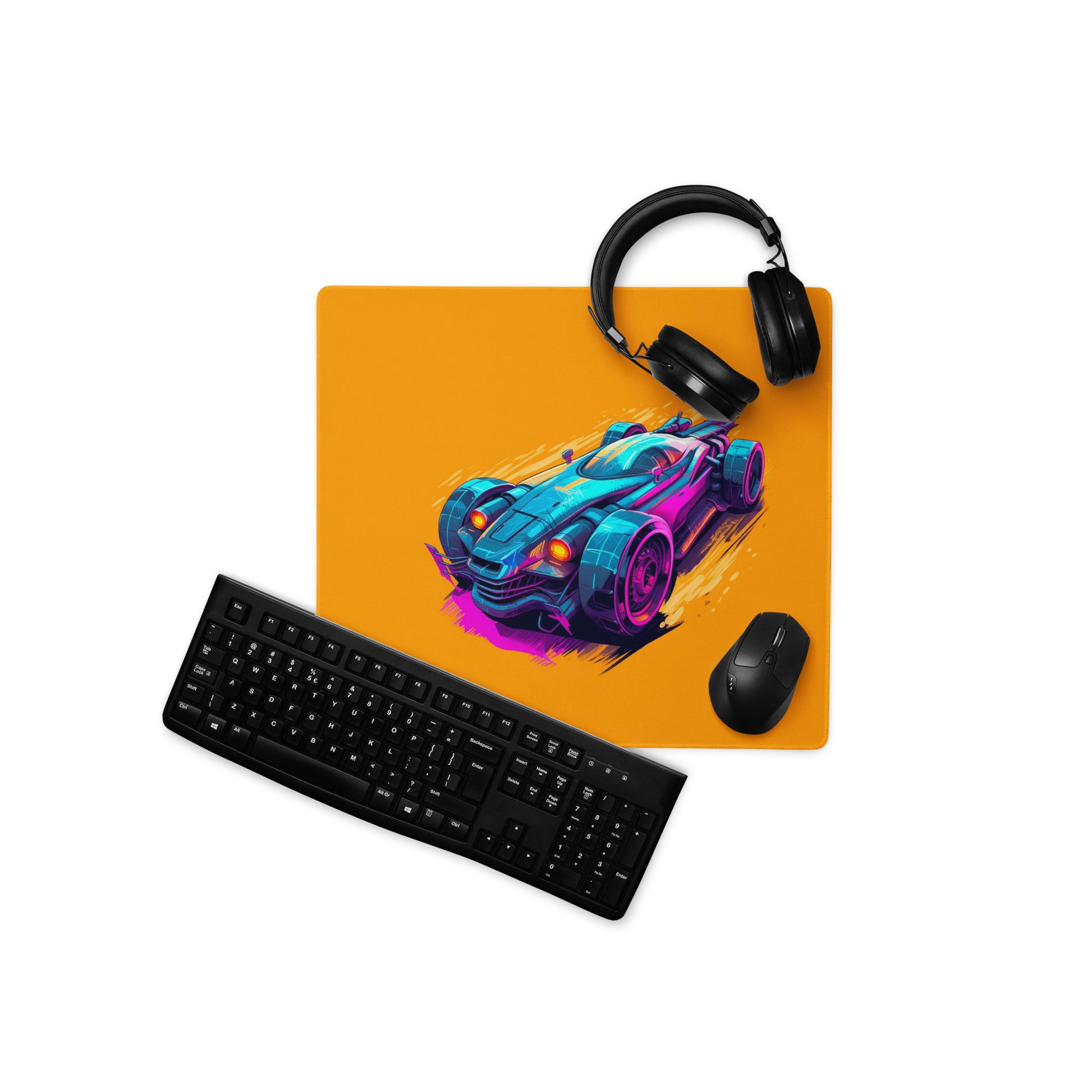 An 18" x 16" mouse pad with a futuristic race car displayed with headphones, a keyboard and a mouse on it. Orange in color.