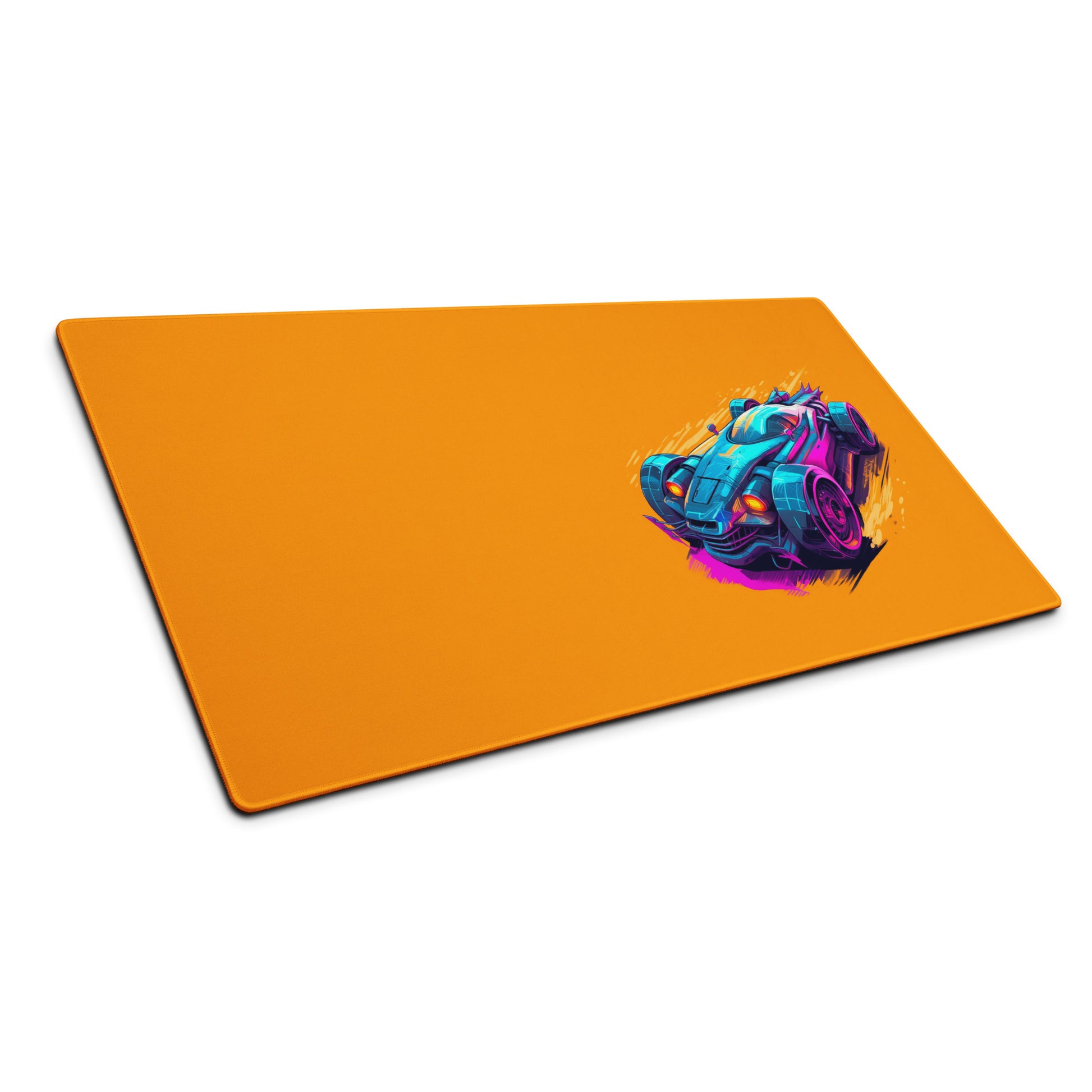 An angled view of a 36" x 18" desk pad with a futuristic race car pictured on the right. Orange in color.