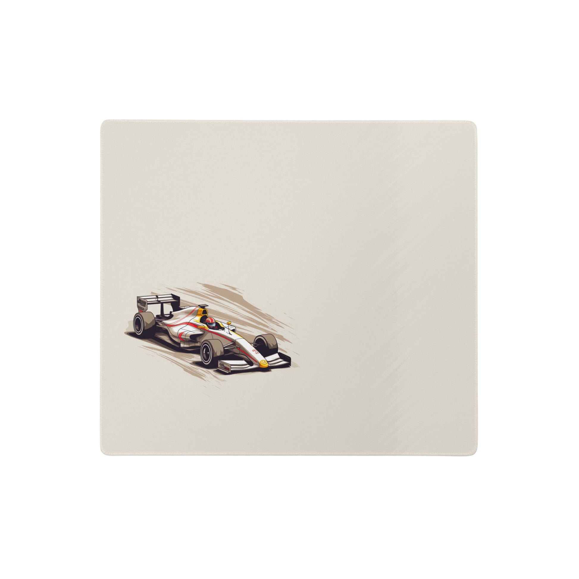 An 18" x 16" mouse pad with a fast formula one car  on the  left side. Beige in color. 