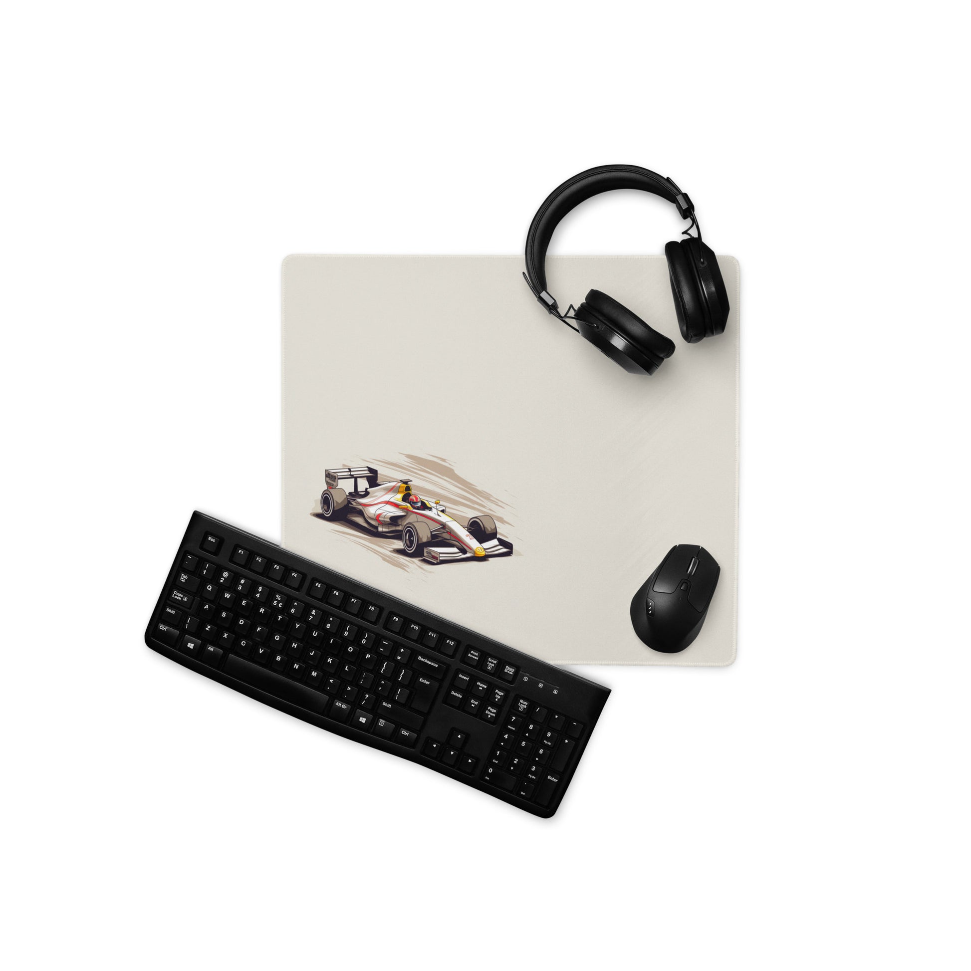 An 18" x 16" mouse pad with a fast formula one car on the left side displayed with headphones, a keyboard and a mouse on it. Beige in color.