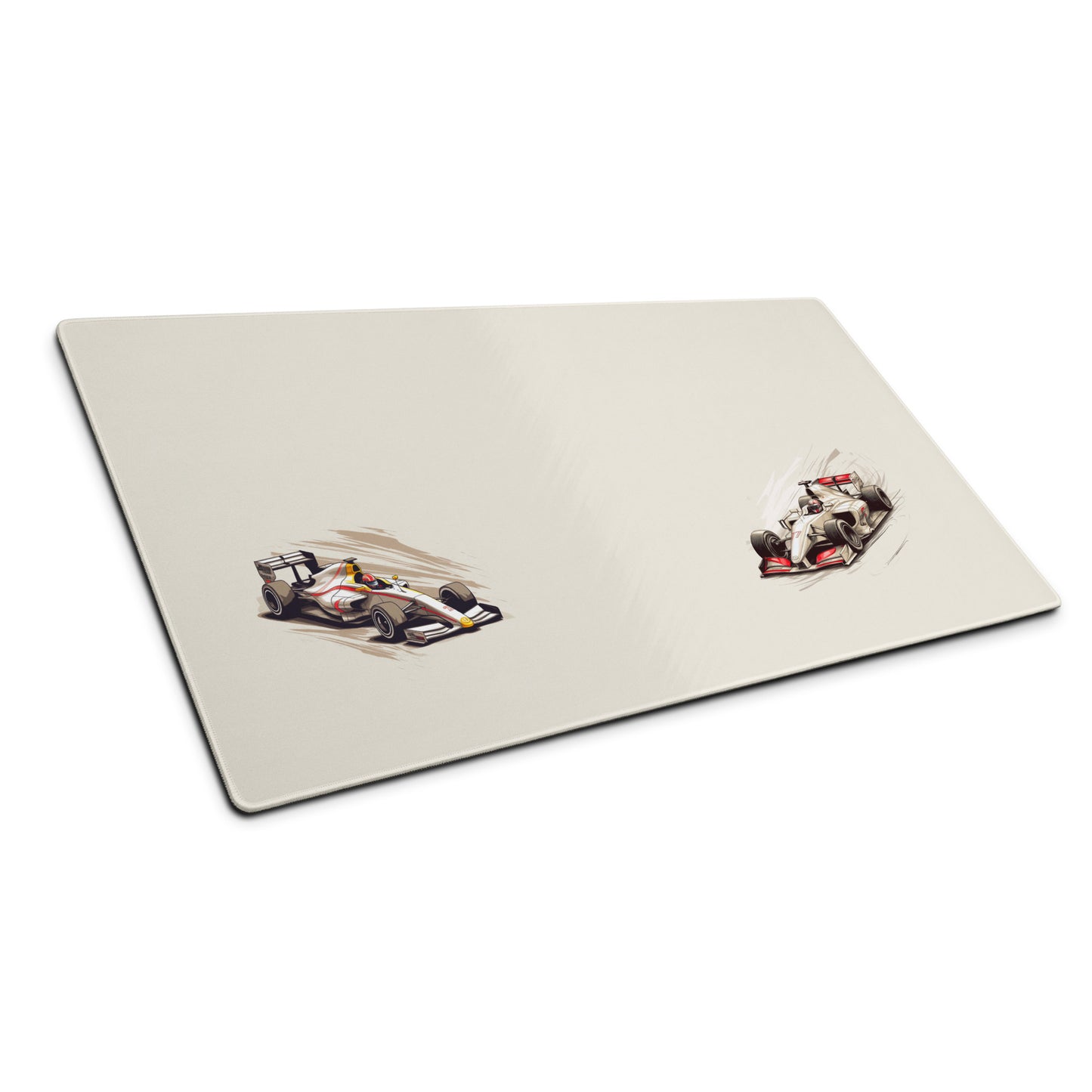 A 36" x 18" desk pad with two fast formula one cars on the sides shown at an angle. Beige in color.