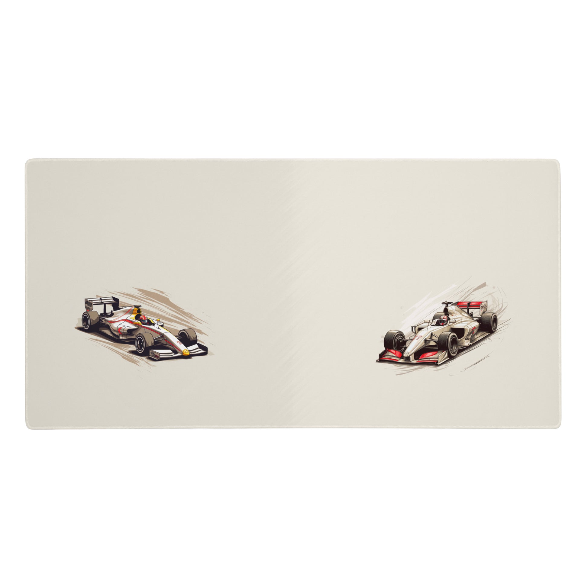 A 36" x 18" desk pad with two fast formula one cars on the sides. Beige in color.