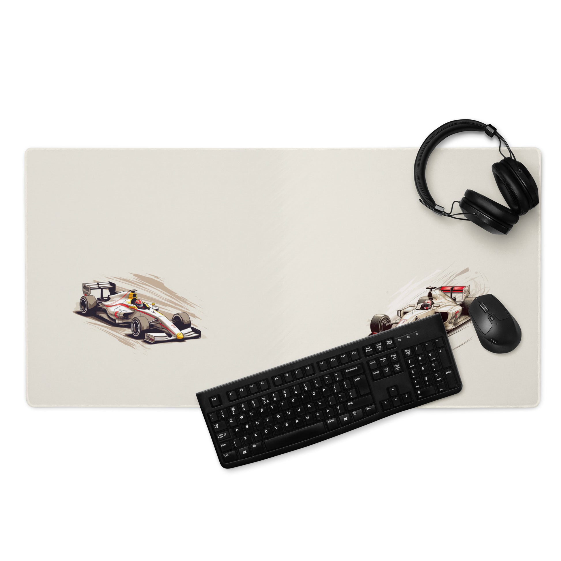 A 36" x 18" desk pad with two fast formula one cars on the sides displayed with headphone, a keyboard and a mouse on it. Beige in color.