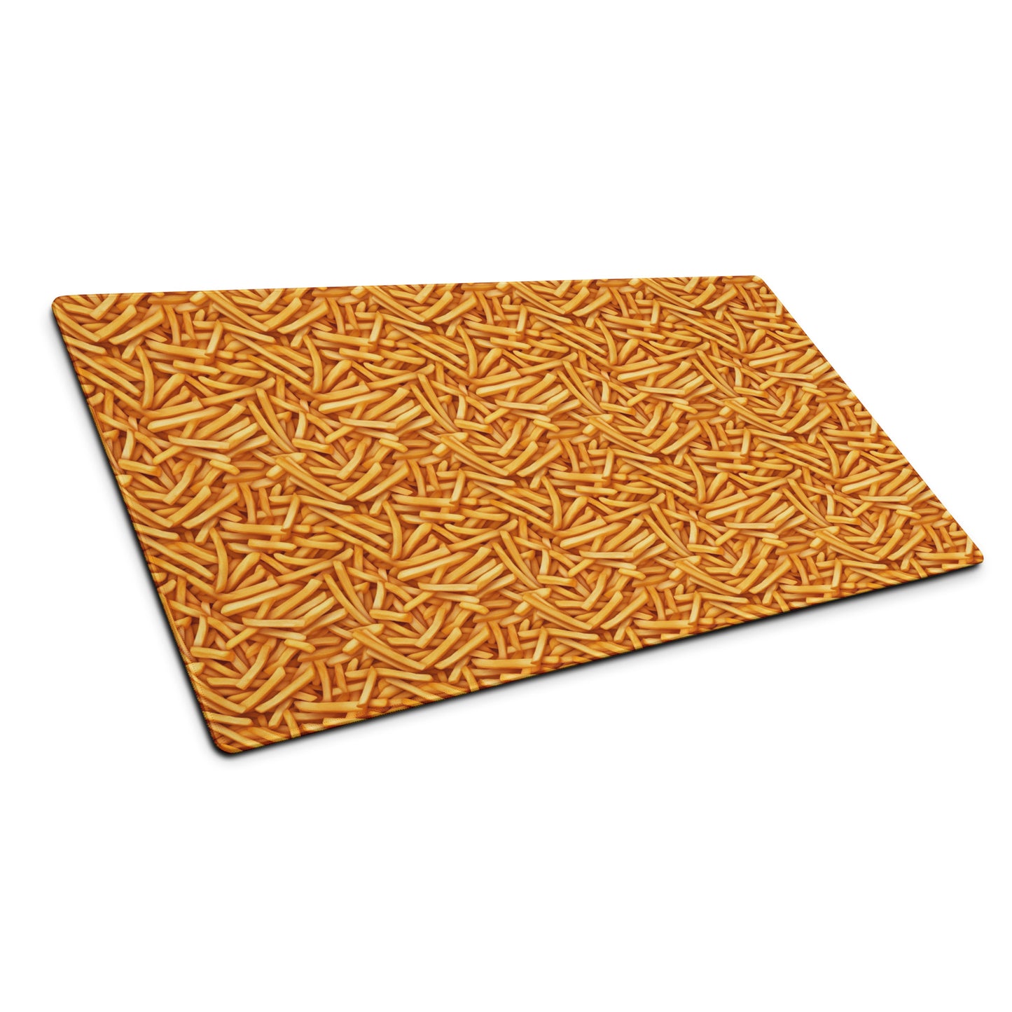 A 36" x 18" desk pad with a bunch of french fries all over it shown at an angle. Yellow in color.
