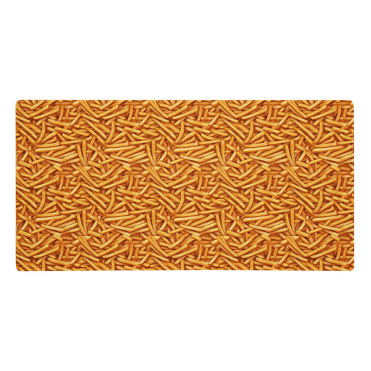 A 36" x 18" desk pad with a bunch of french fries all over it. Yellow in color.