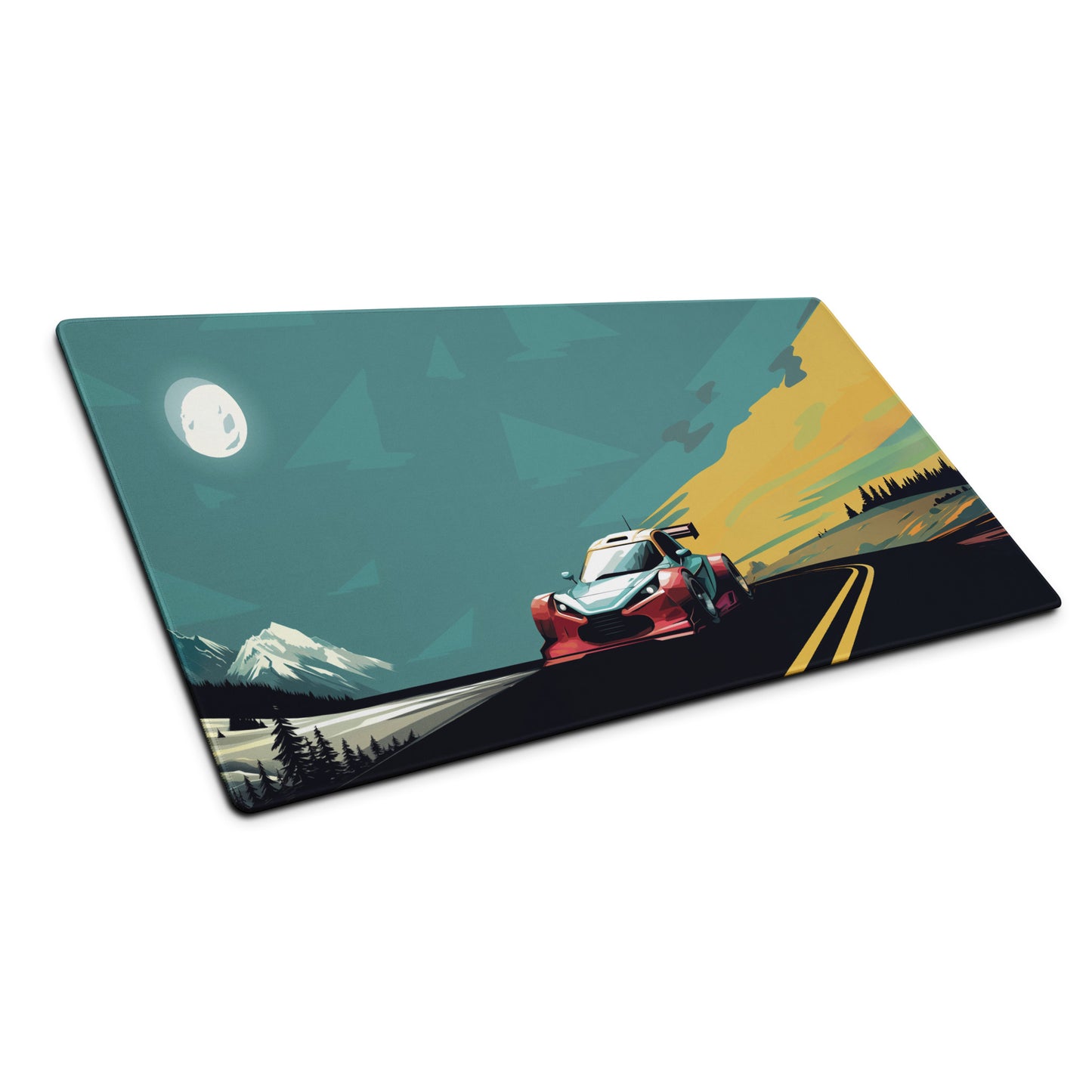 A 36" x 18" gaming desk pad with a futuristic GT car racing through the mountains shown at an angle. Blue and Grey in color.