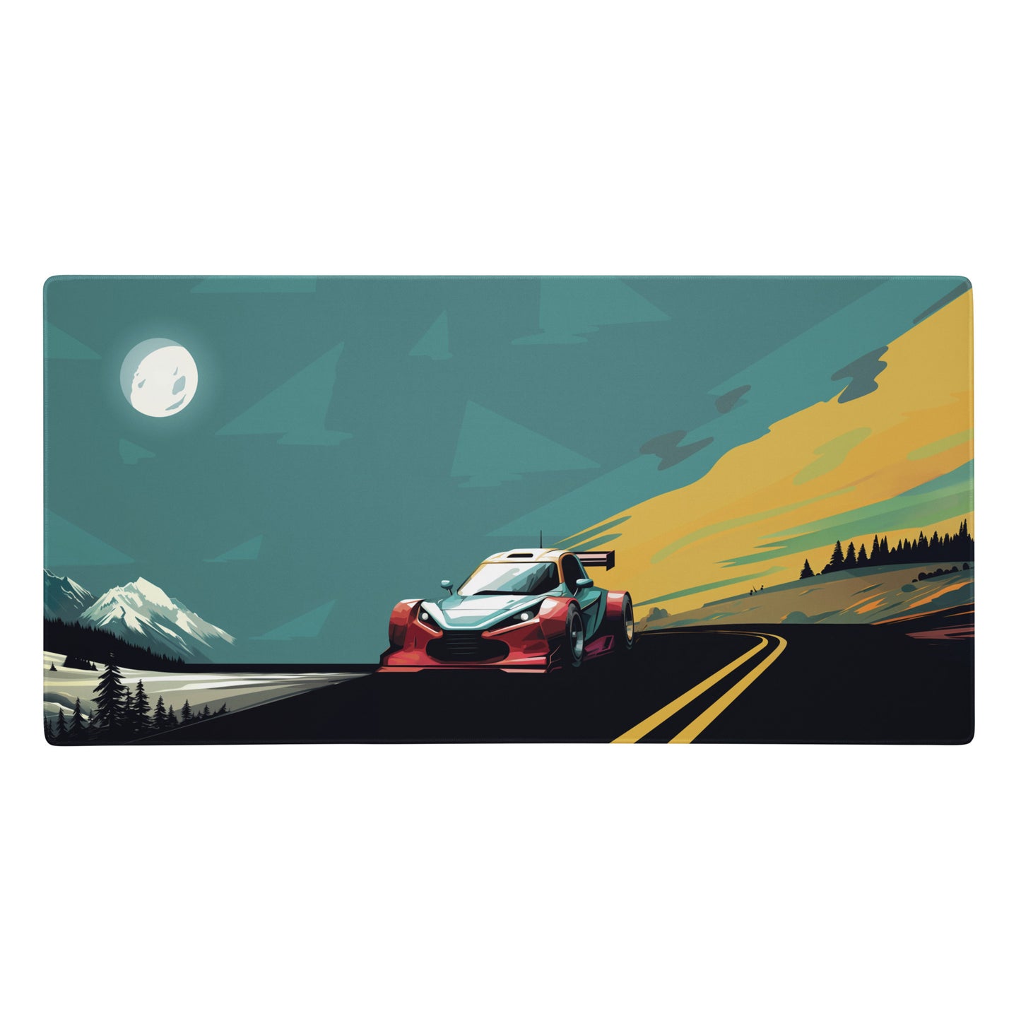 A 36" x 18" gaming desk pad with a futuristic GT car racing through the mountains. Blue and Grey in color.