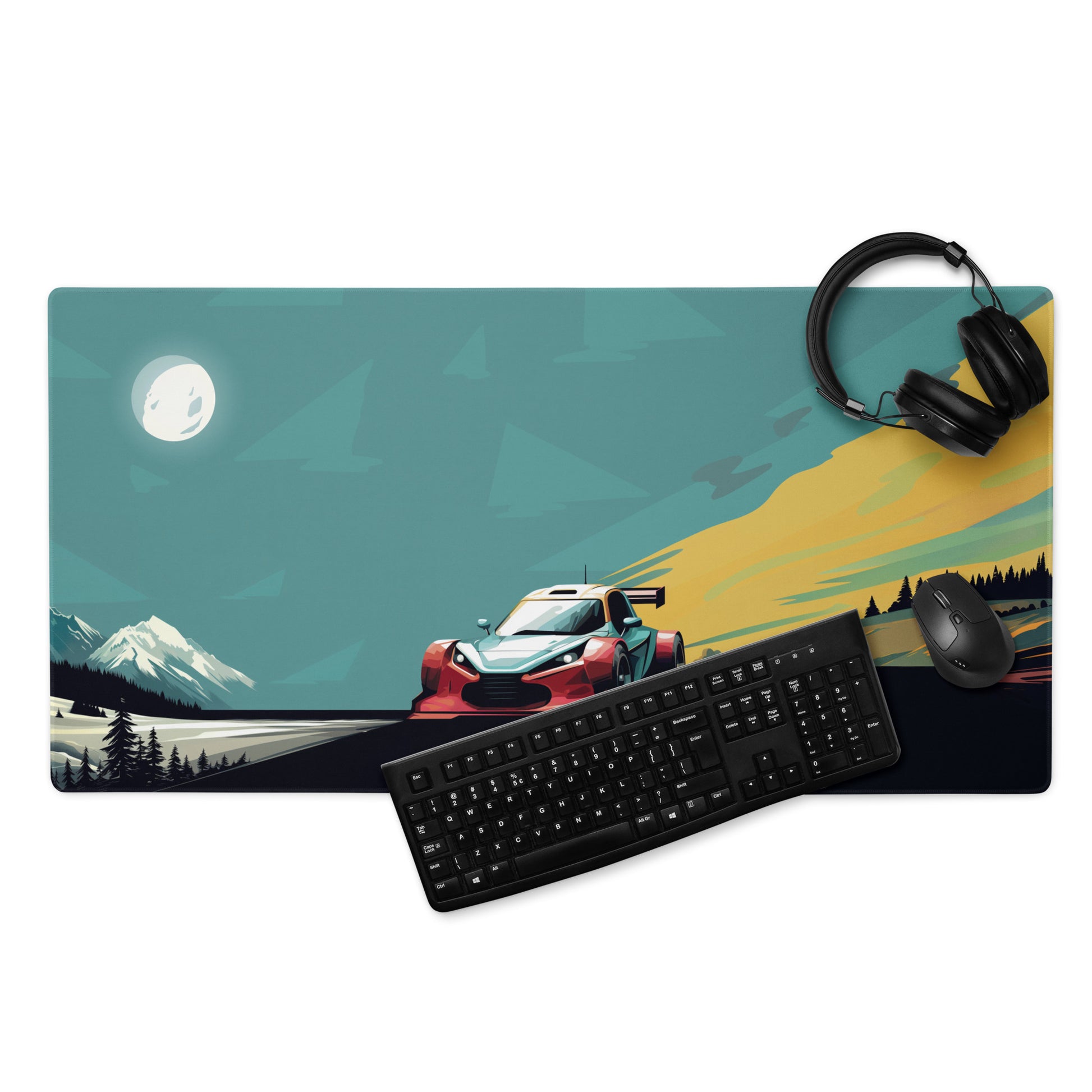 A 36" x 18" gaming desk pad with a futuristic GT car racing through the mountains displayed with a keyboard, headphones and a mouse. Blue and Grey in color.