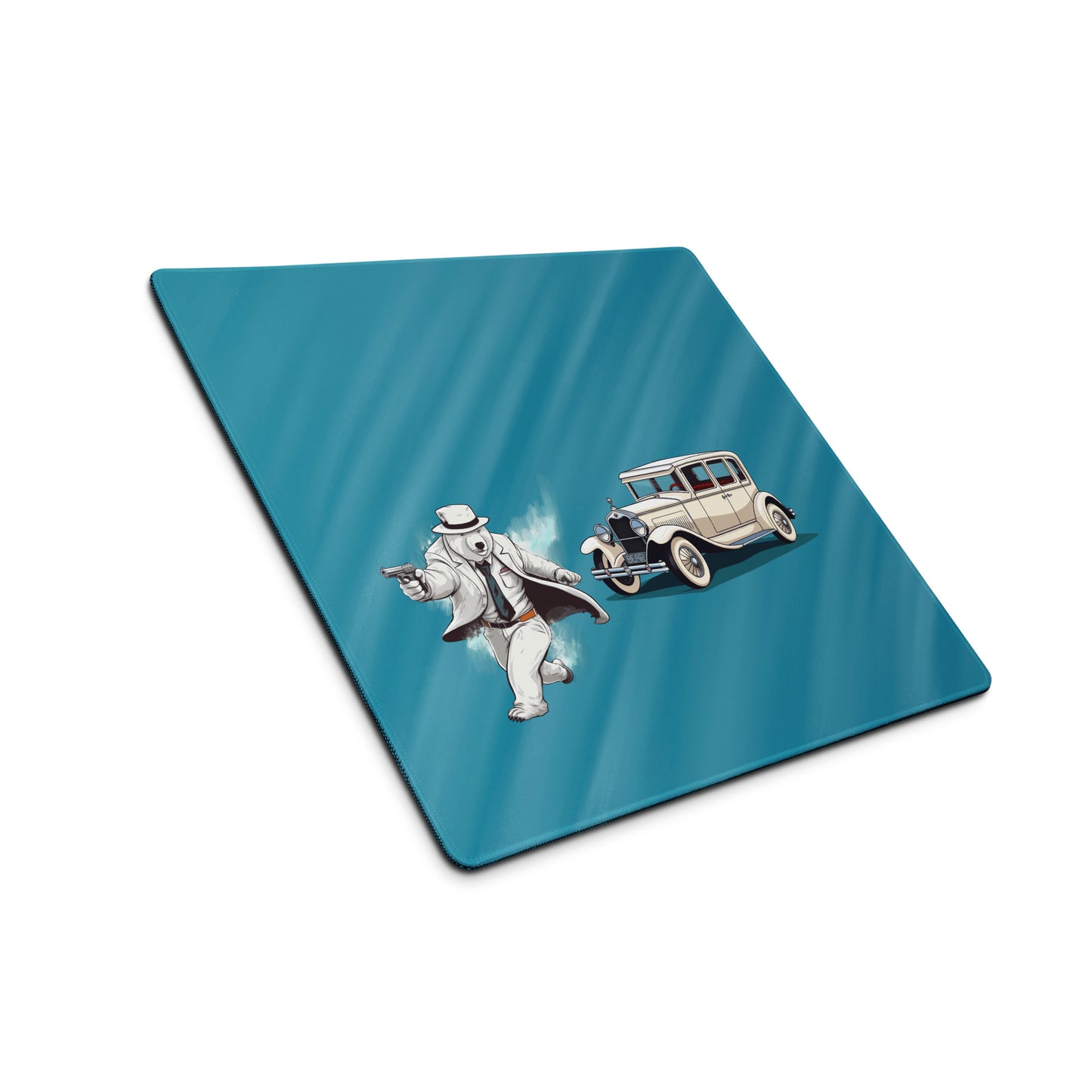 18" x 16" desk pad with a gangster polar bear and his car shown at an angle. Blue in color.
