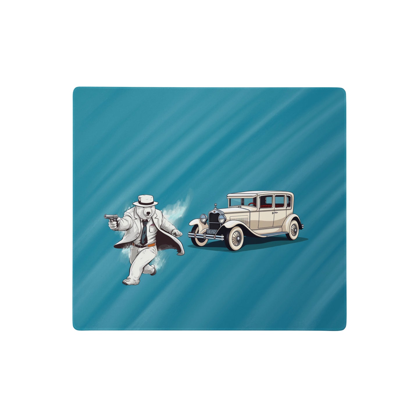 An 18" x 16" desk pad with a gangster polar bear and his car on the left. Blue in color.