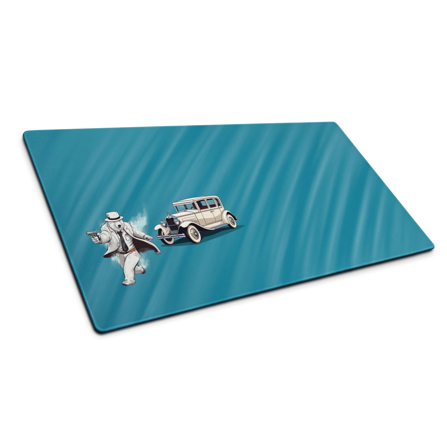A 36" x 18" desk pad displayed at an angle with a gangster polar bear and his car on the left. Blue in color.