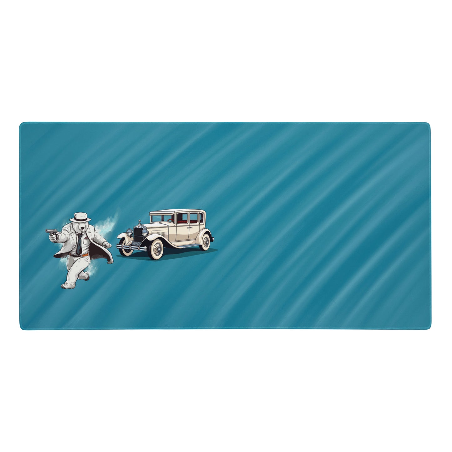 A 36" x 18" desk pad with a gangster polar bear and his car on the left. Blue in color.