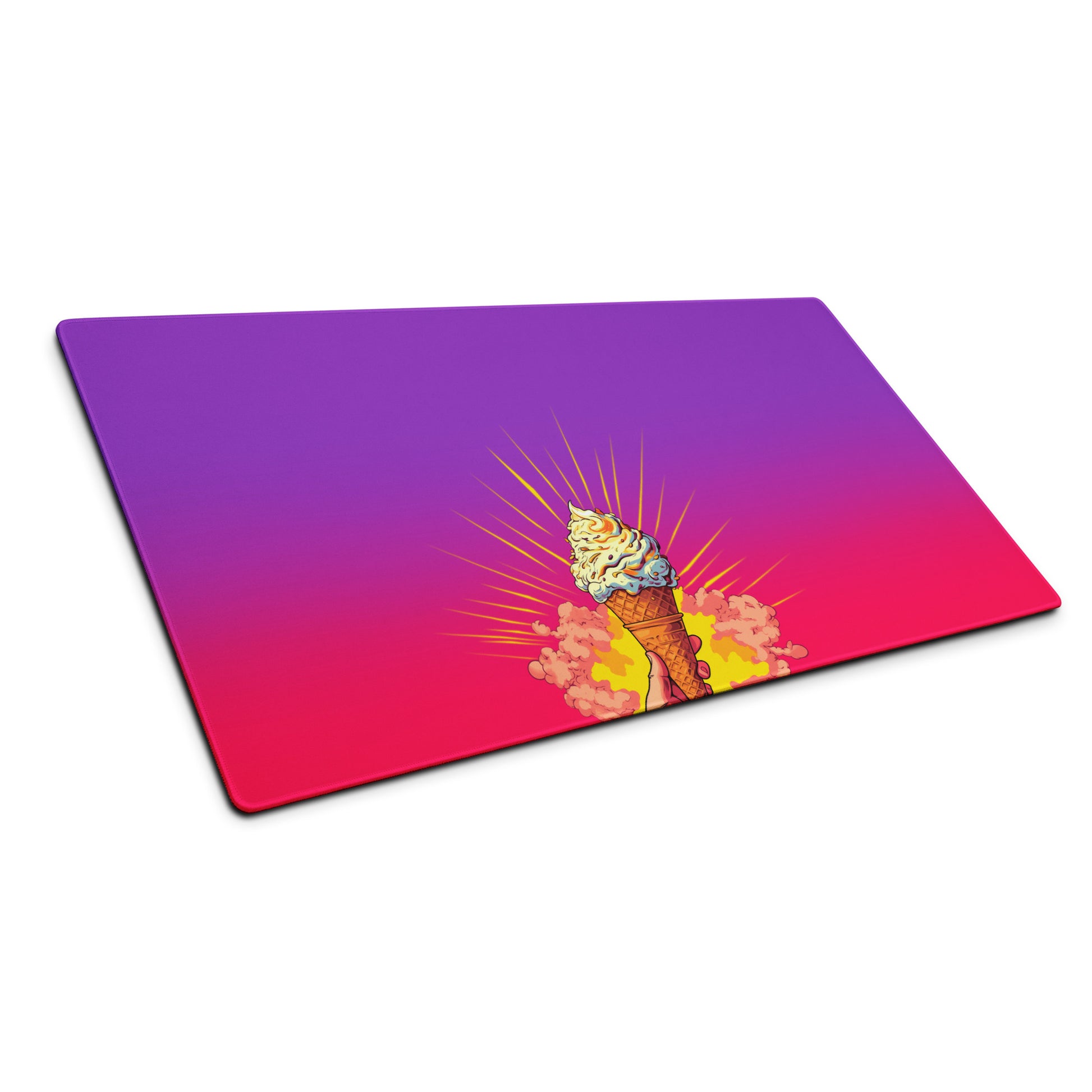 A 36" x 18" desk pad with a brightly colored ice cream cone in the middle of it shown at an angle. Pink and purple in color.