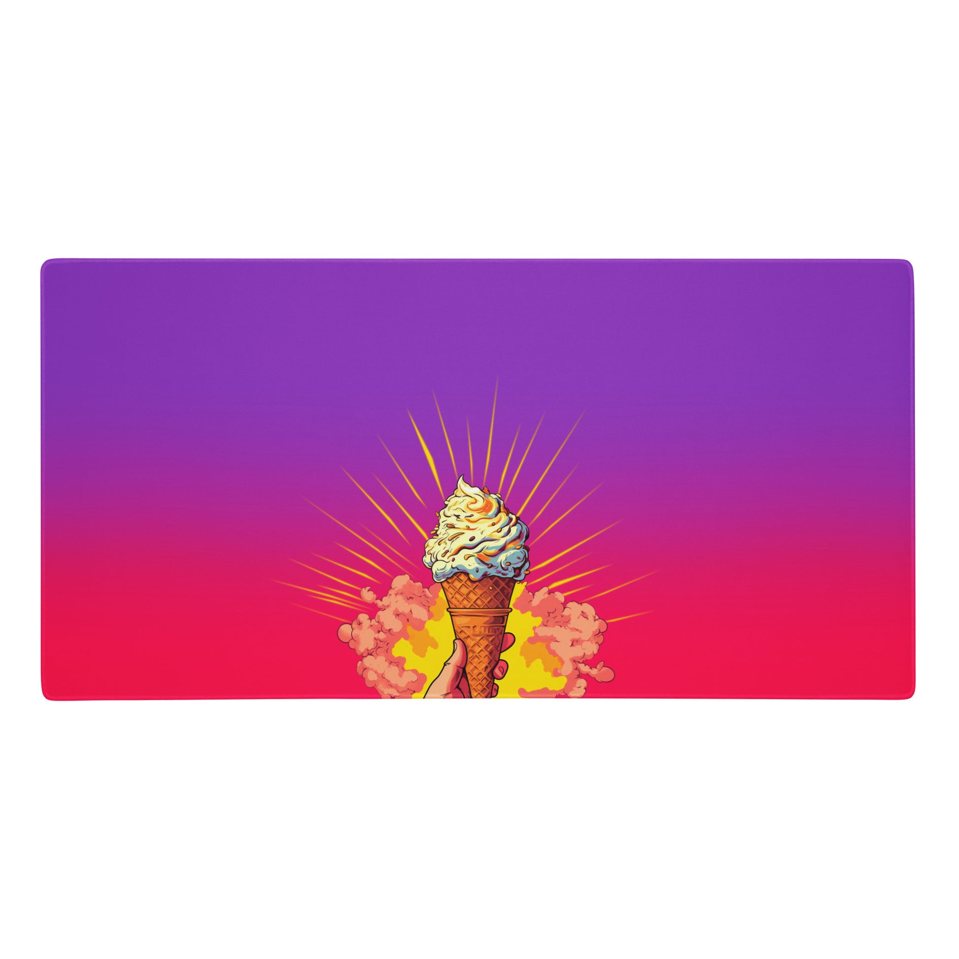 A 36" x 18" desk pad with a brightly colored ice cream cone in the middle of it. Pink and purple in color.