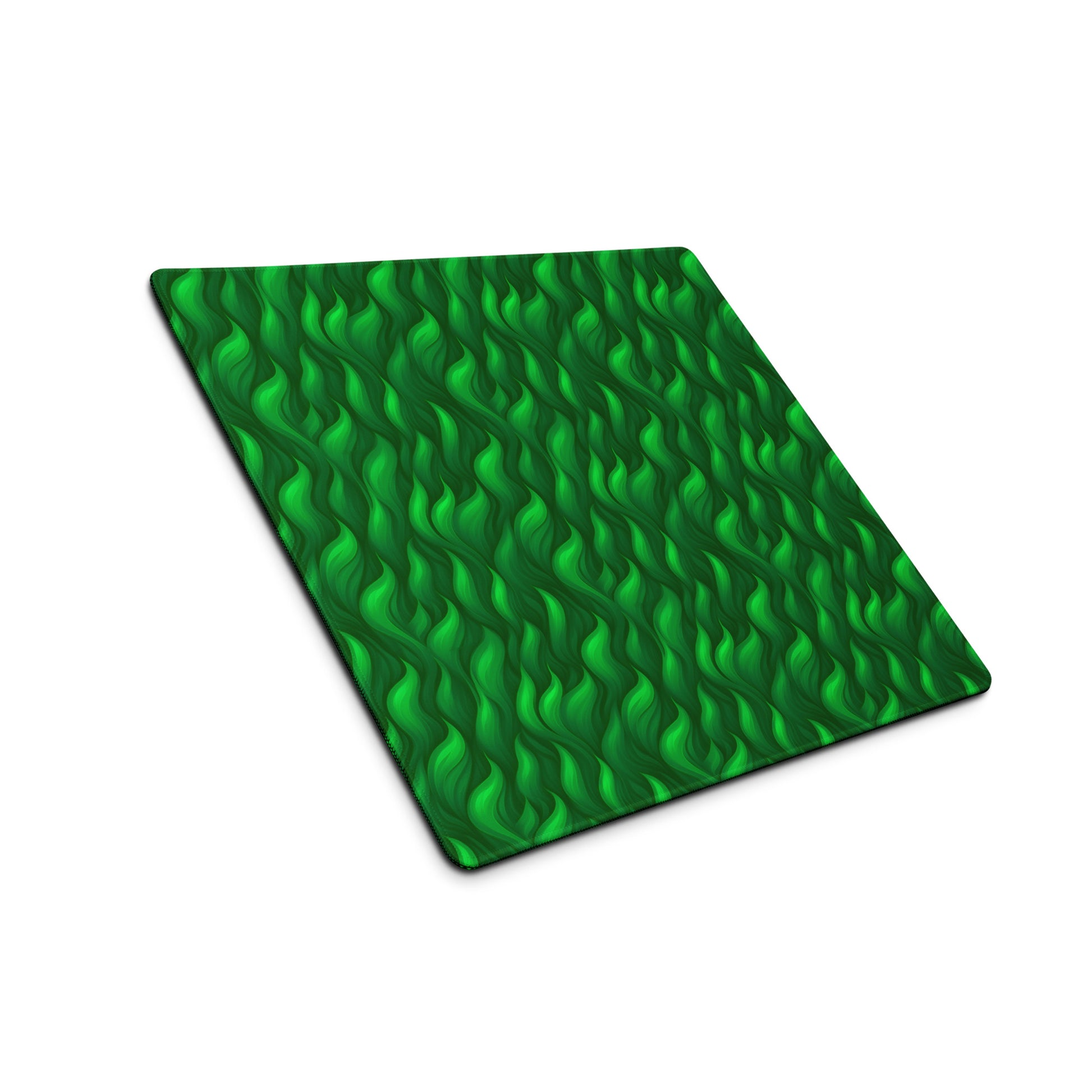 A 18" x 16" desk pad with a wavy flame pattern on it shown at an angle. Green in color.