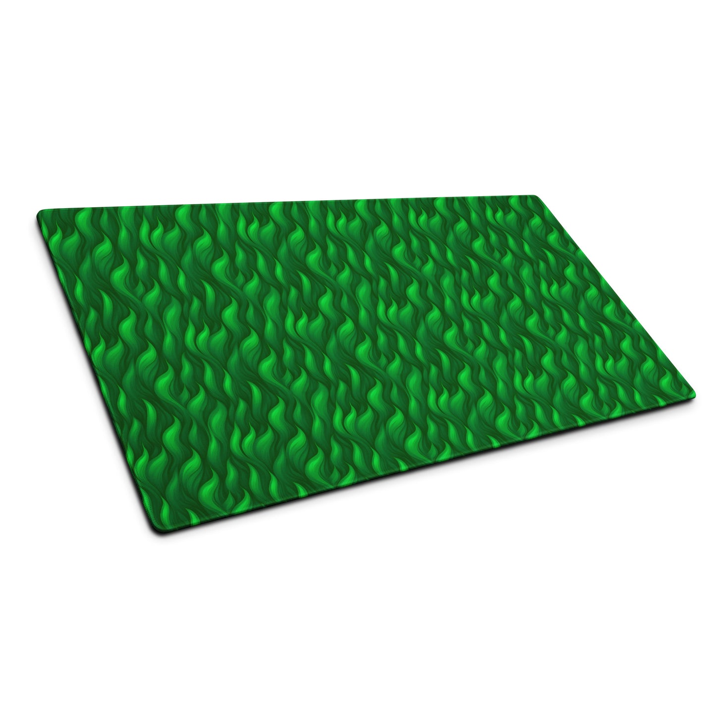 A 36" x 18" desk pad with a wavy flame pattern on it shown at an angle. Green in color.