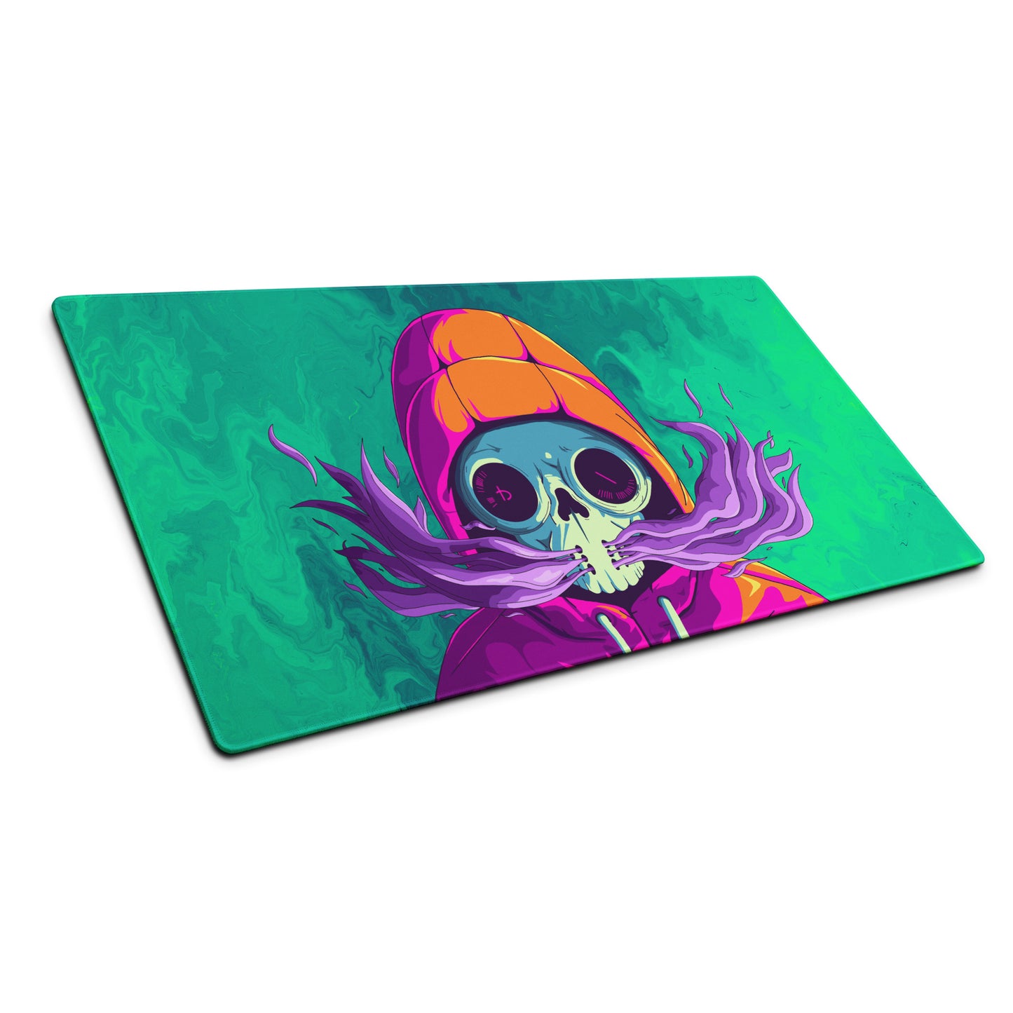 A 36" x 18" desk pad with a man wearing a skull gas mask breathing smoke out from it shown at an angle. Green in color.