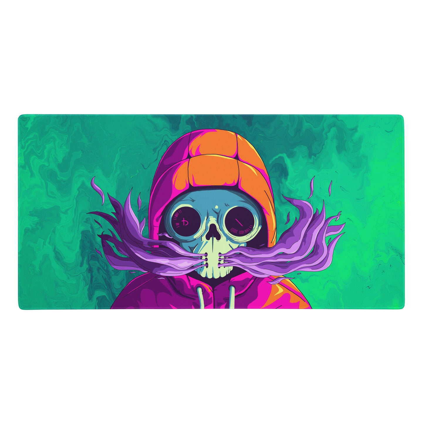 A 36" x 18" desk pad with a man wearing a skull gas mask breathing smoke out from it. Green in color.