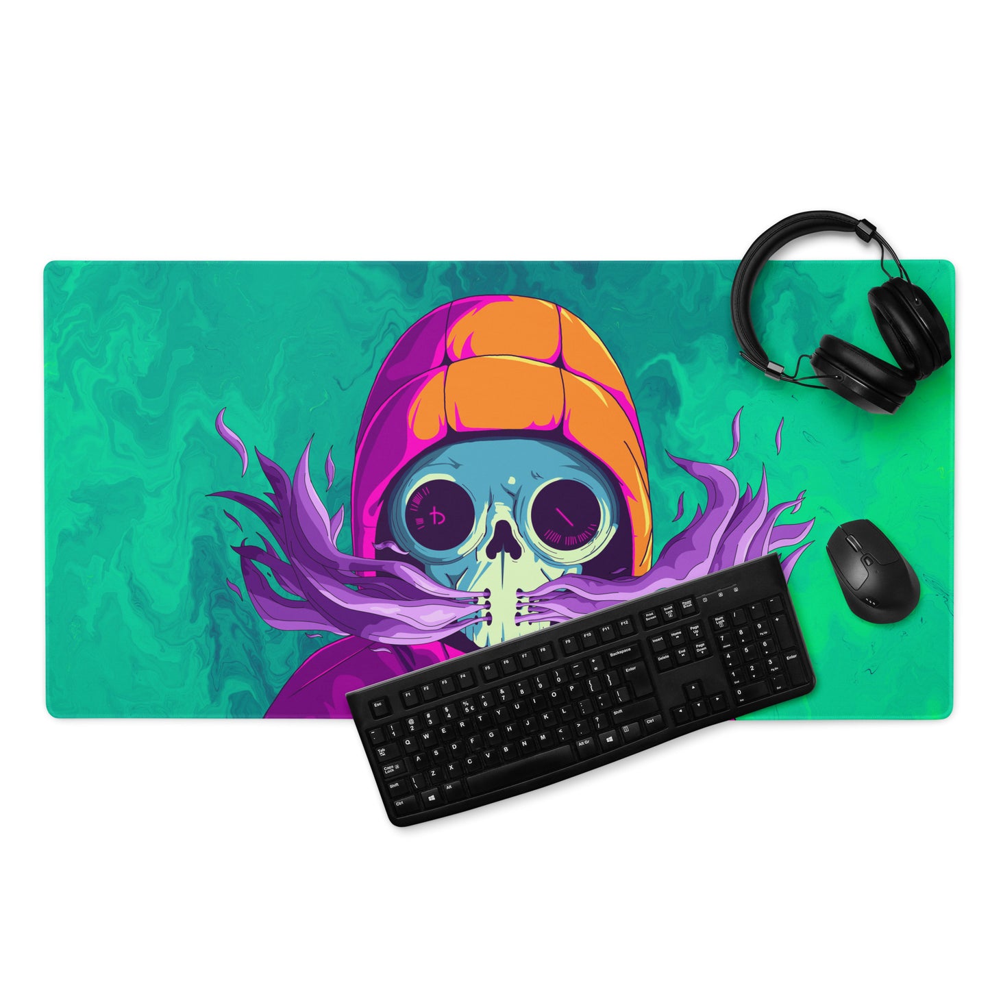 A 36" x 18" desk pad with a man wearing a skull gas mask breathing smoke out from it displayed with a keyboard, headphones and a mouse. Green in color.