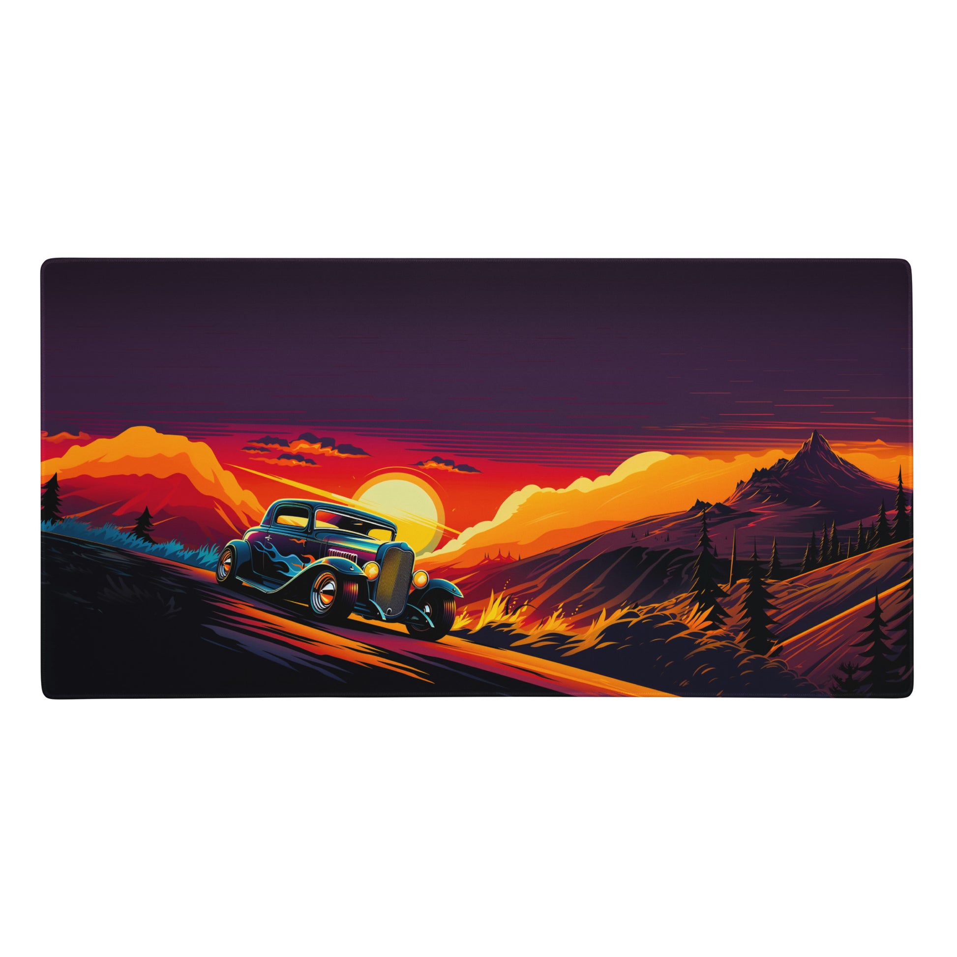 A 36" x 18" gaming desk pad with an old hot rod racing down a road with mountains in the background. Purple and Orange in color. 