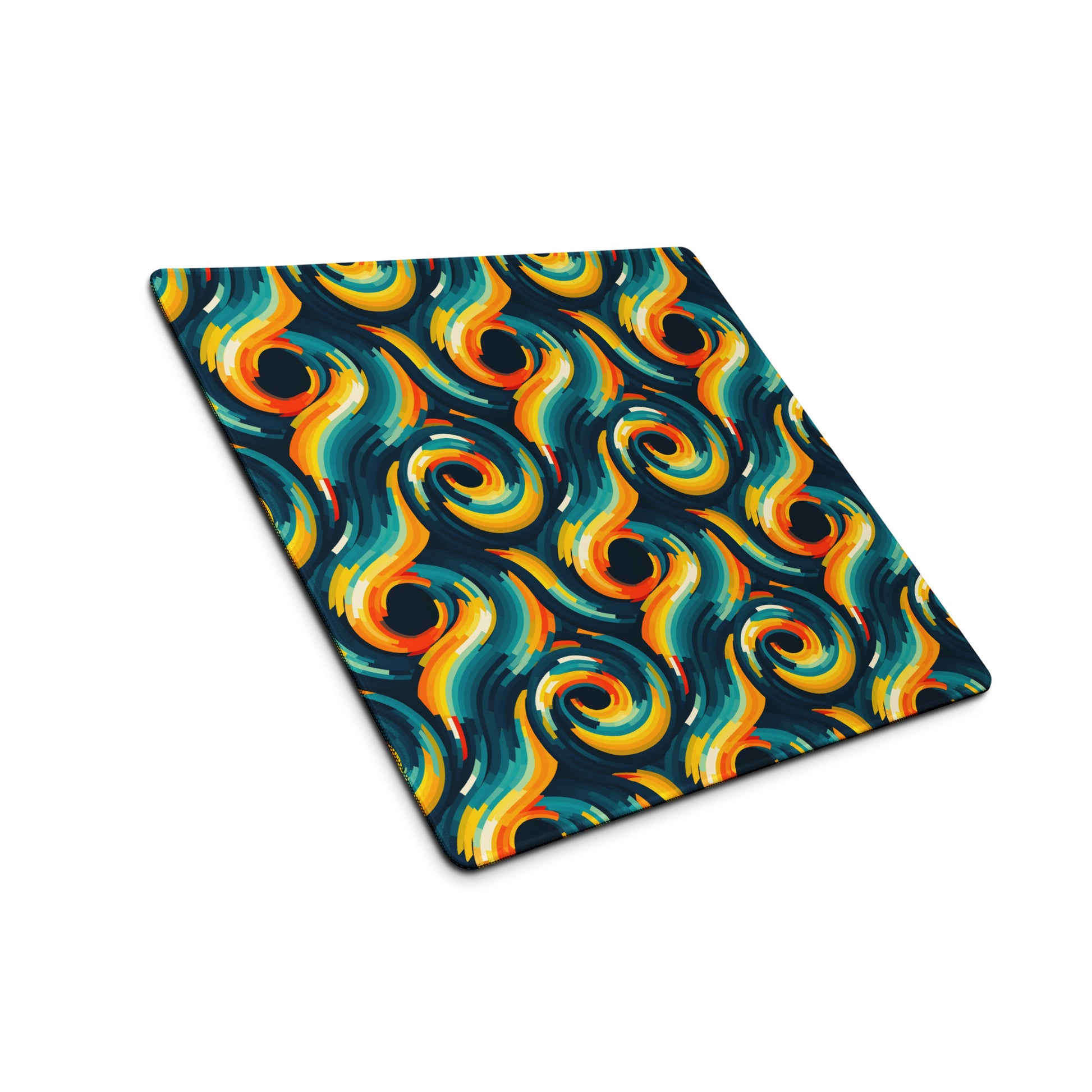  A 18" x 16" desk pad with swirls all over it shown at an angle. Yellow and Blue in color.