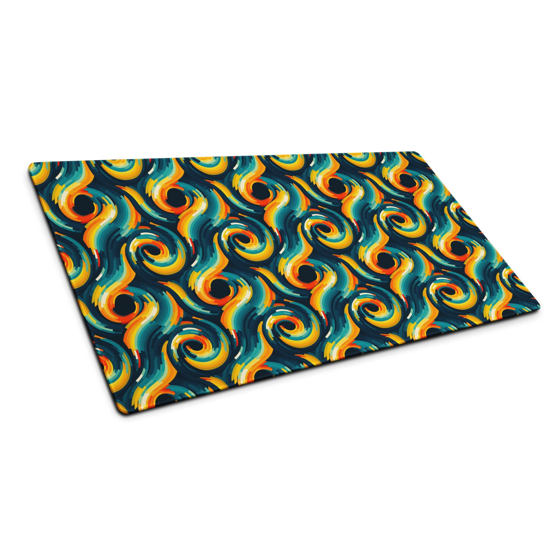  A 36" x 18" desk pad with swirls all over it shown at an angle. Yellow and Blue in color.