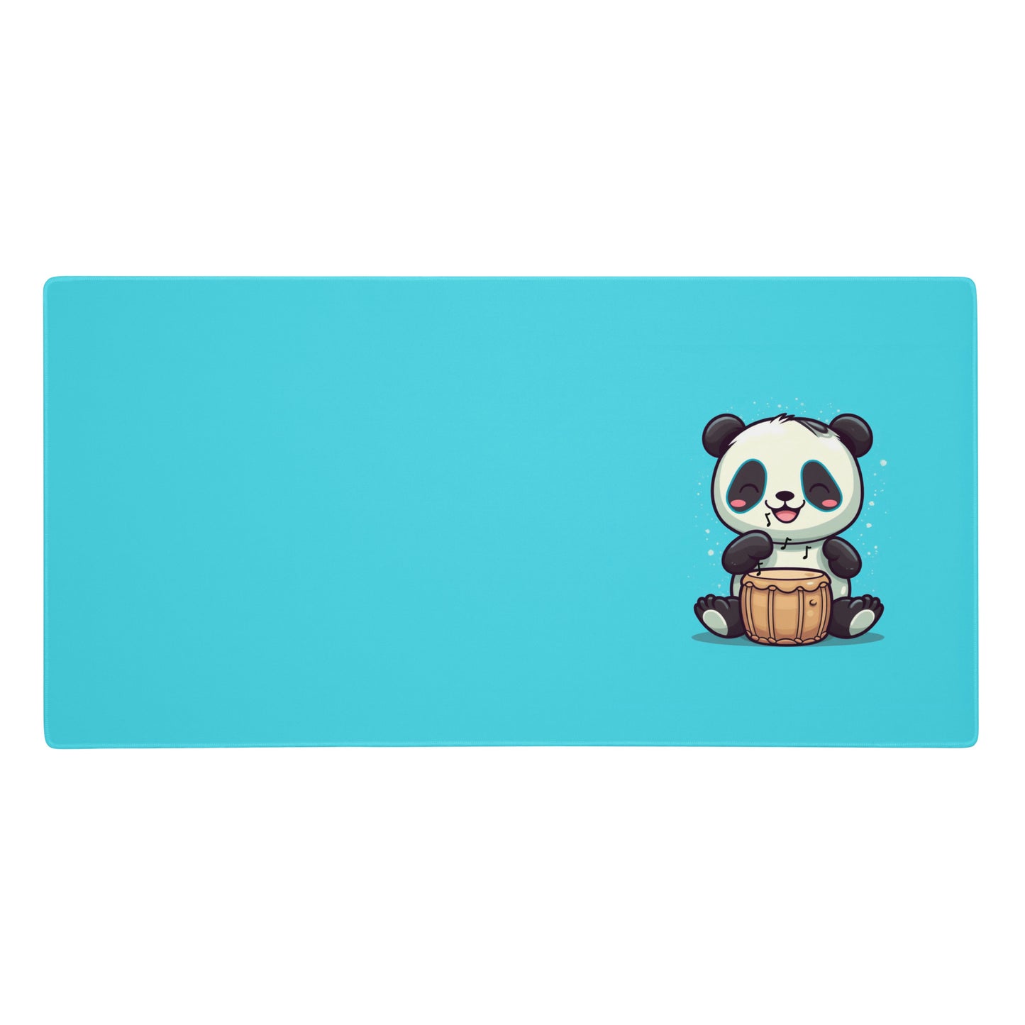 A 36" x 18" desk pad with a cute panda playing the bongos on the right. Blue in color.