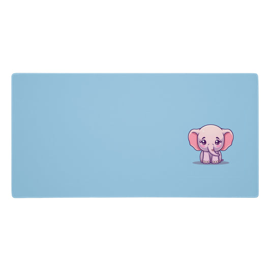 A 36" x 18" desk pad with a cute elephant on it. Blue in color.