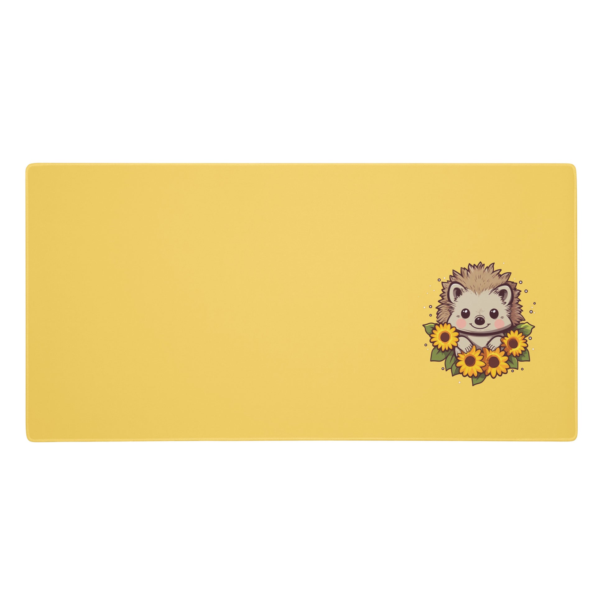 A 36" x 18" desk pad with a cute hedgehog surrounded by sunflowers on it. Yellow in color.