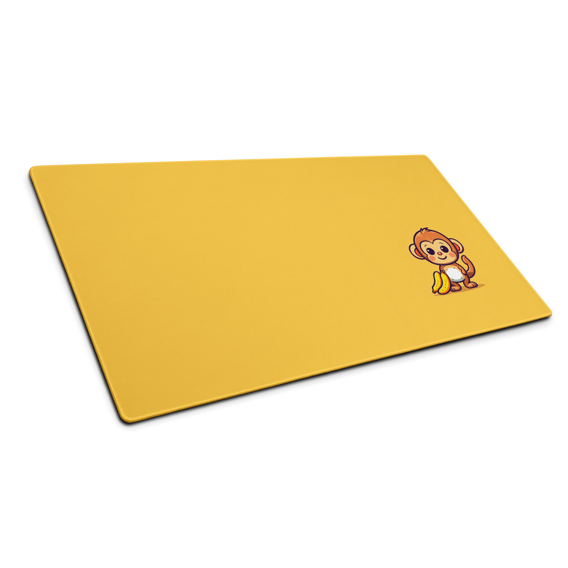 A 36" x 18" desk pad with a cute monkey holding bananas shown at an angle. Yellow in color.