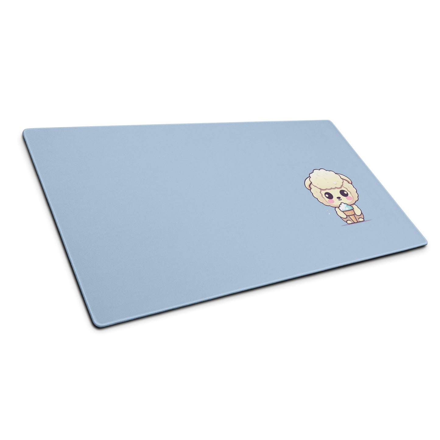 A 36" x 18" desk pad with a cute sheep eating ice cream on it shown at an angle. Blue in color.