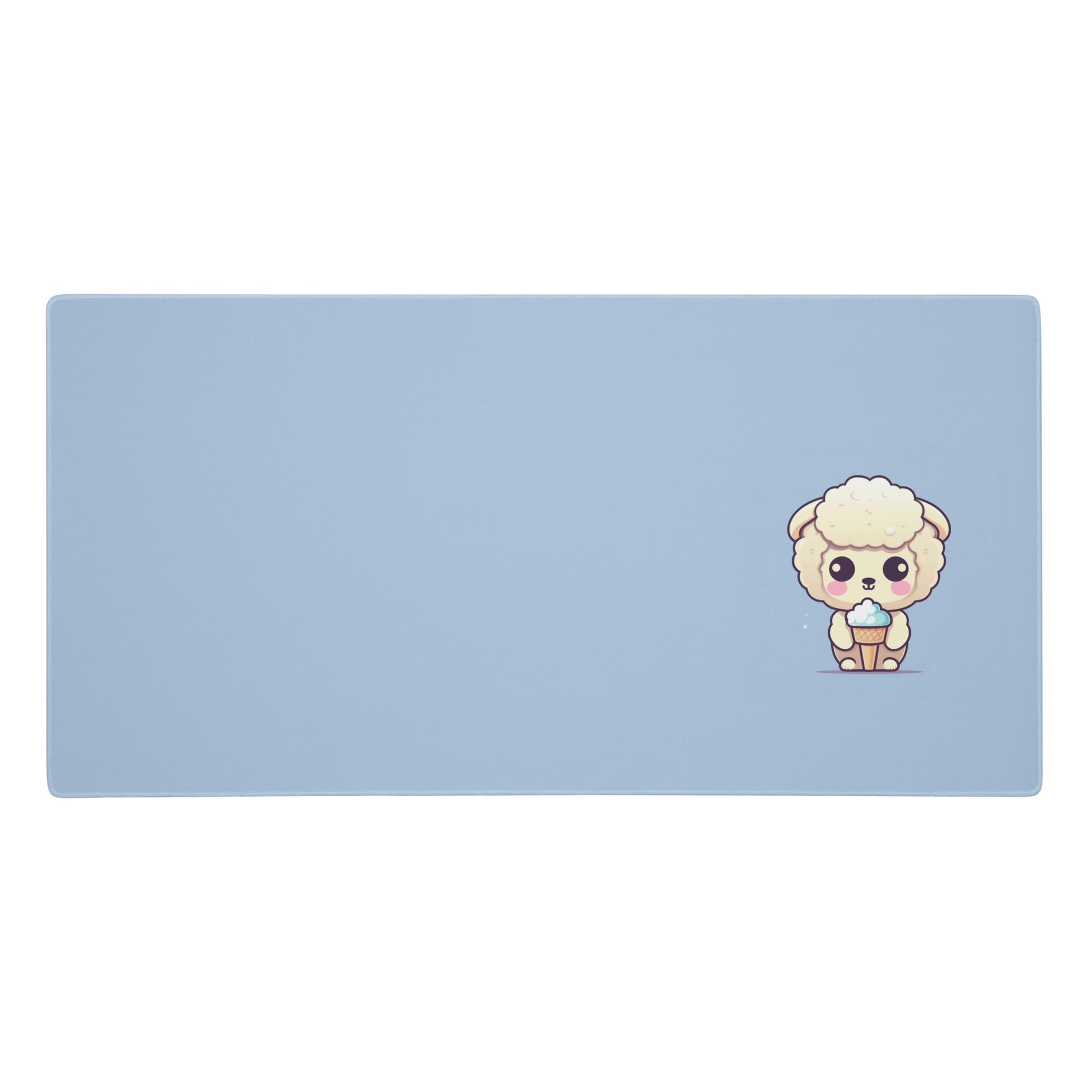 A 36" x 18" desk pad with a cute sheep eating ice cream on it. Blue in color.