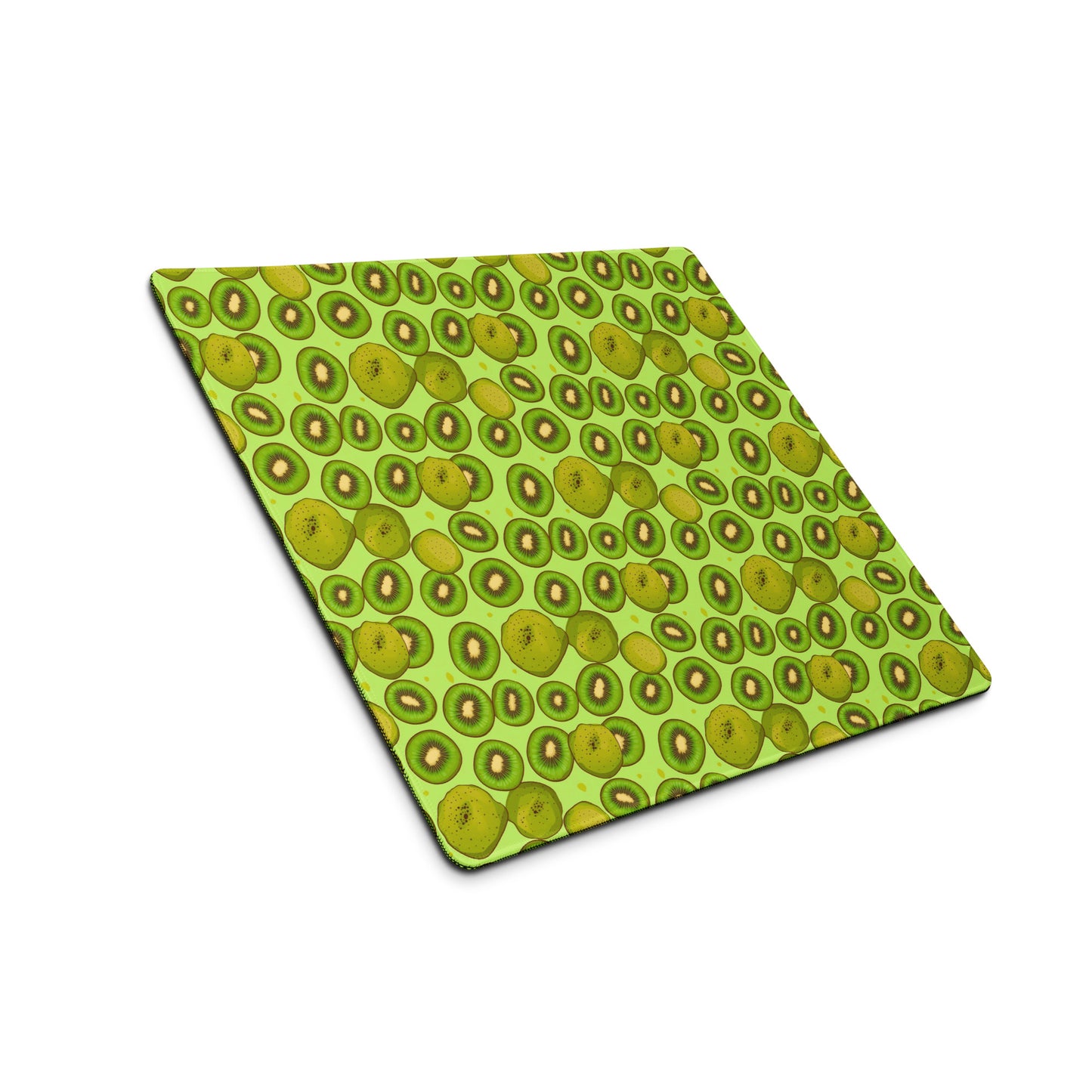 A 18" x 16" desk pad with Kiwis all over it shown at an angle. Green in color.