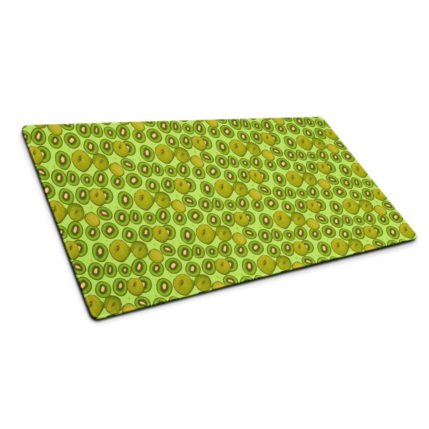 A 36" x 18" desk pad with Kiwis all over it shown at an angle. Green in color.