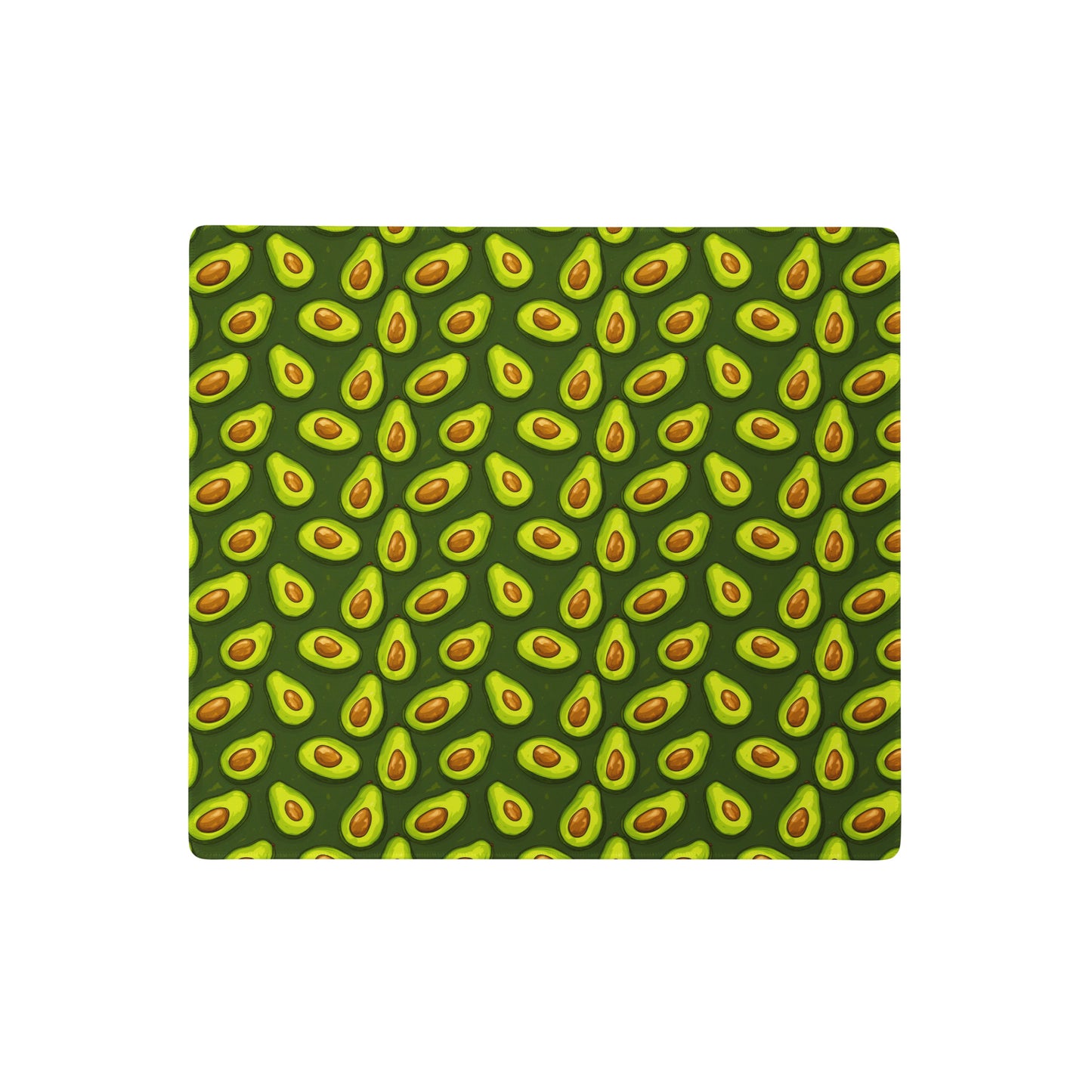 An 18" x 16" desk pad with lots of avocados on it. Green in color.