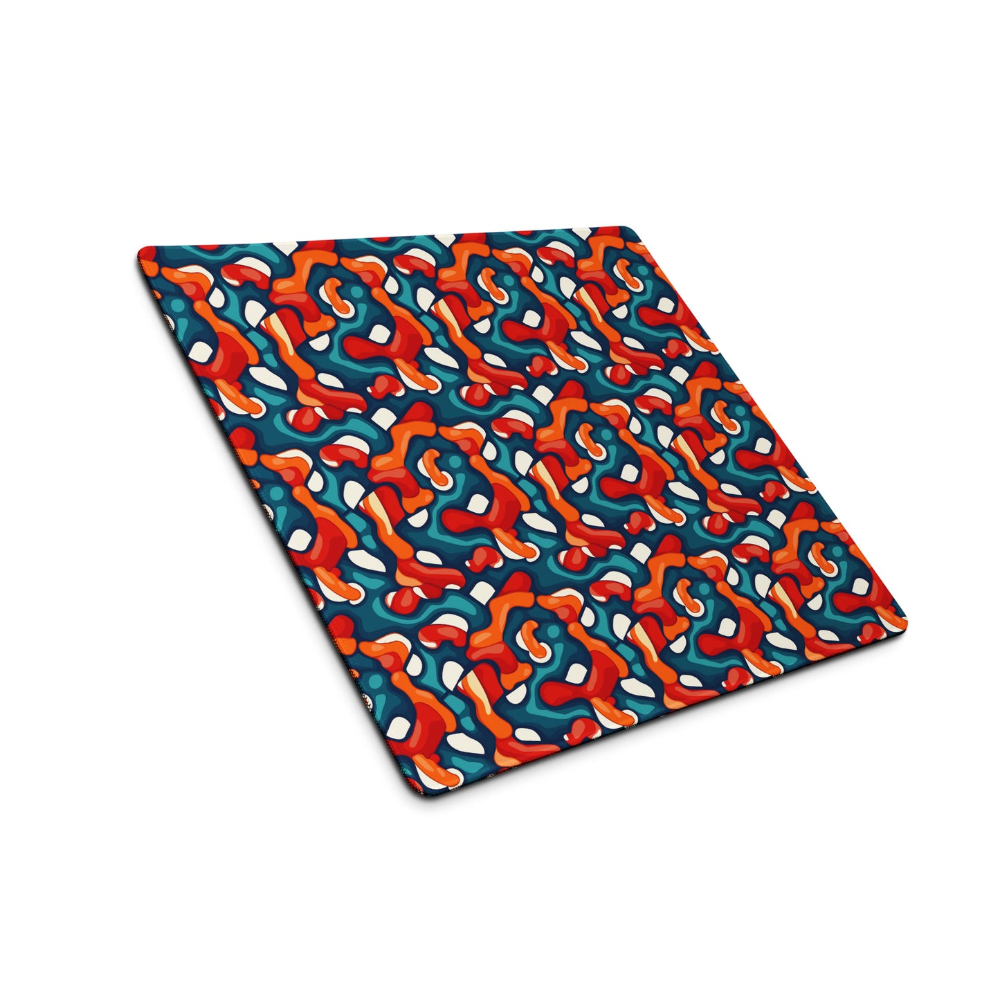 A 18" x 16" desk pad with abstract line art on it shown at an angle. Red, Teal and Orange in color.