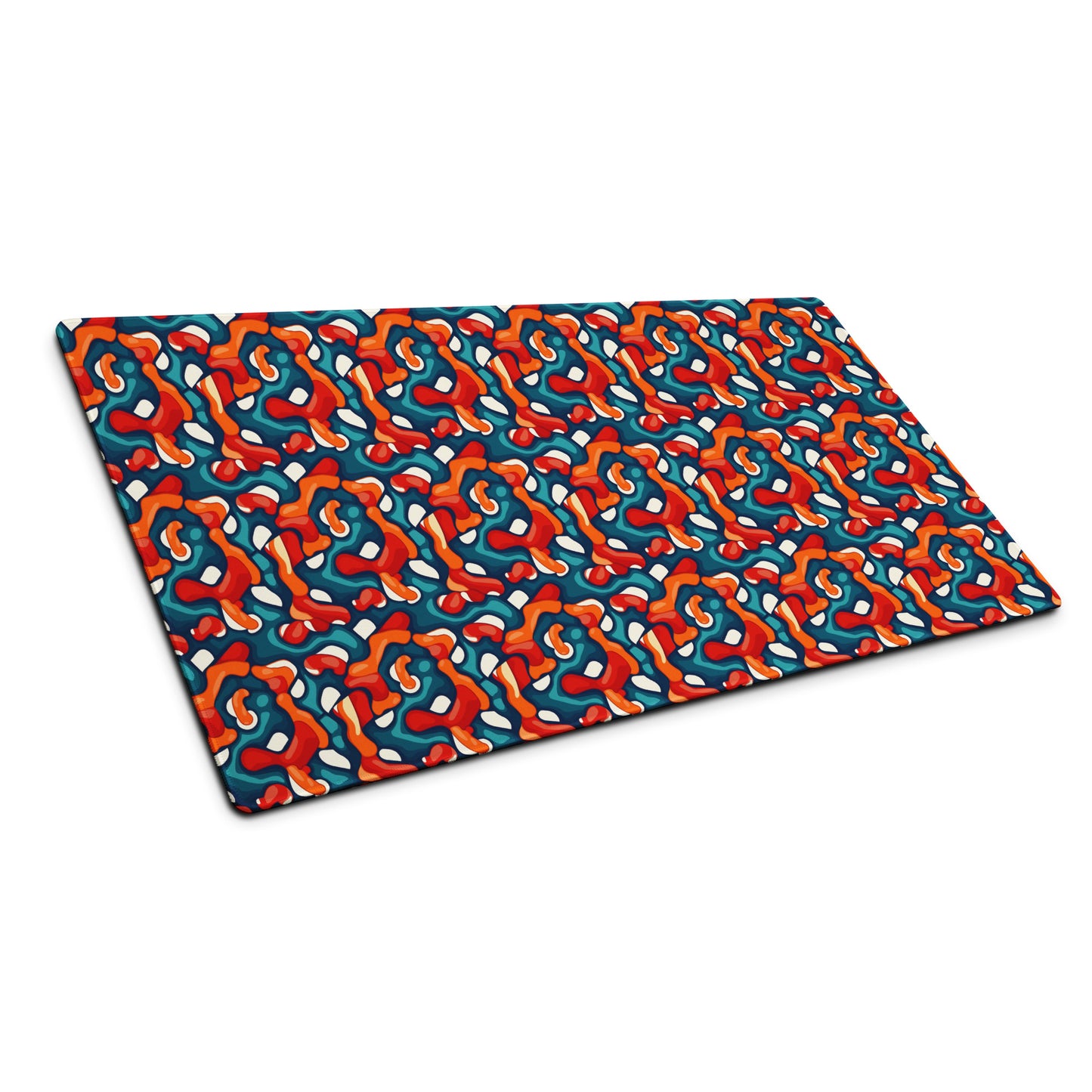 A 36" x 18" desk pad with abstract line art on it shown at an angle. Red, Teal and Orange in color.