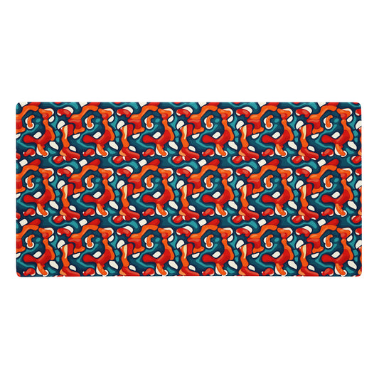 A 36" x 18" desk pad with abstract line art on it. Red, Teal and Orange in color.