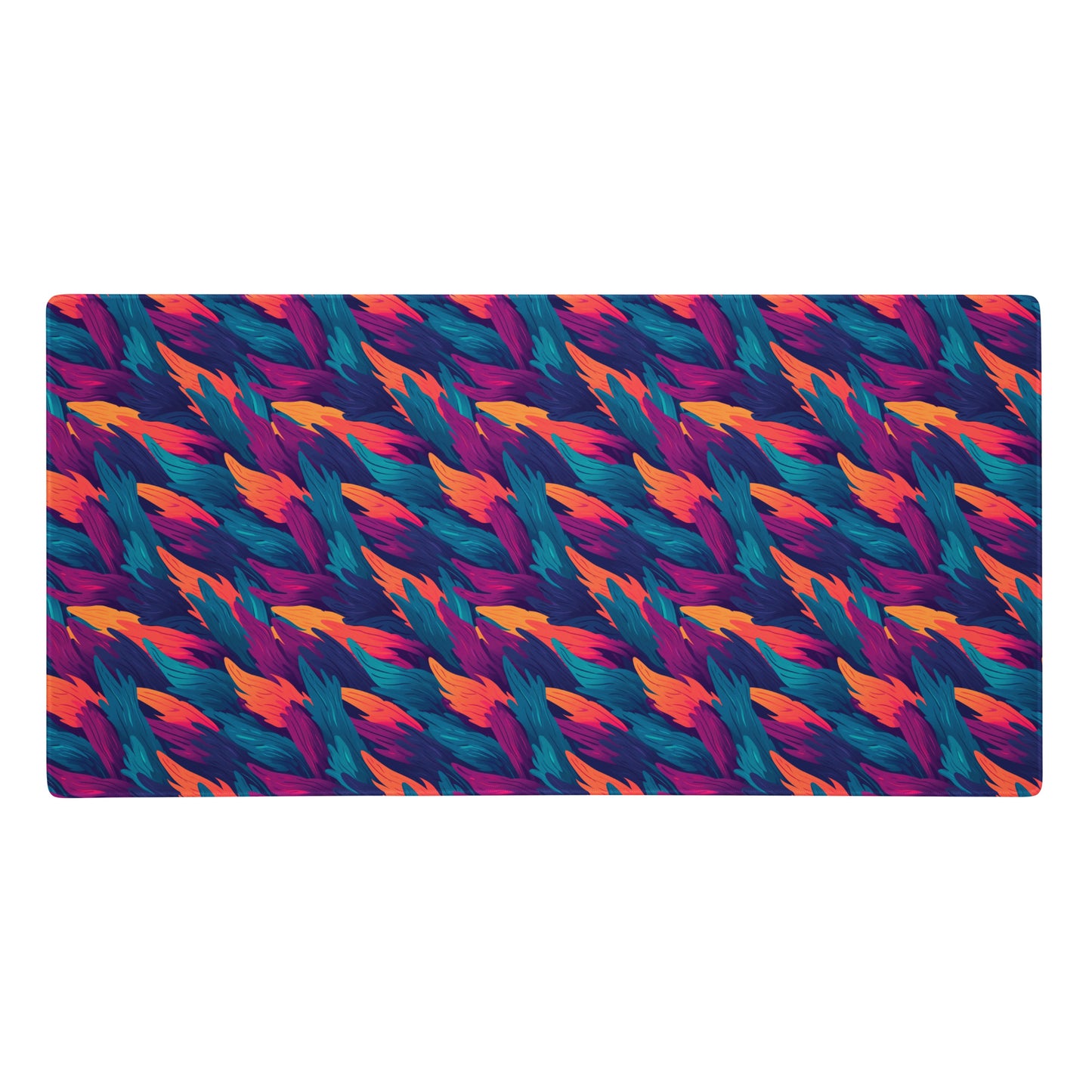 A 36" x 18" desk pad with a wavy flame pattern on it. Blue, Orange and Purple in color.