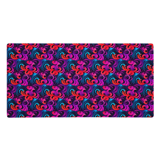A 36" x 18" desk pad with a bright floral pattern all over it. Blue, Purple and Red in color.