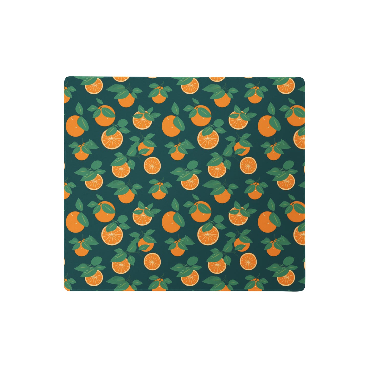 A 18" x 16" desk pad with oranges all over it. Orange and Blue in color.