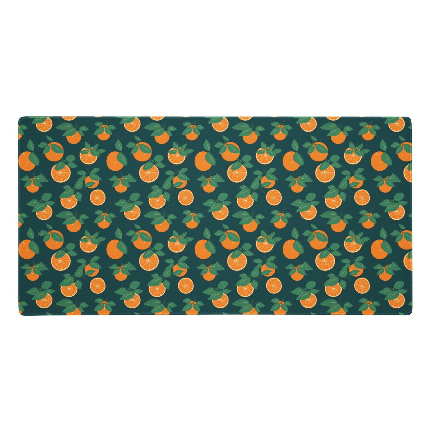 A 36" x 18" desk pad with oranges all over it. Orange and Blue in color.