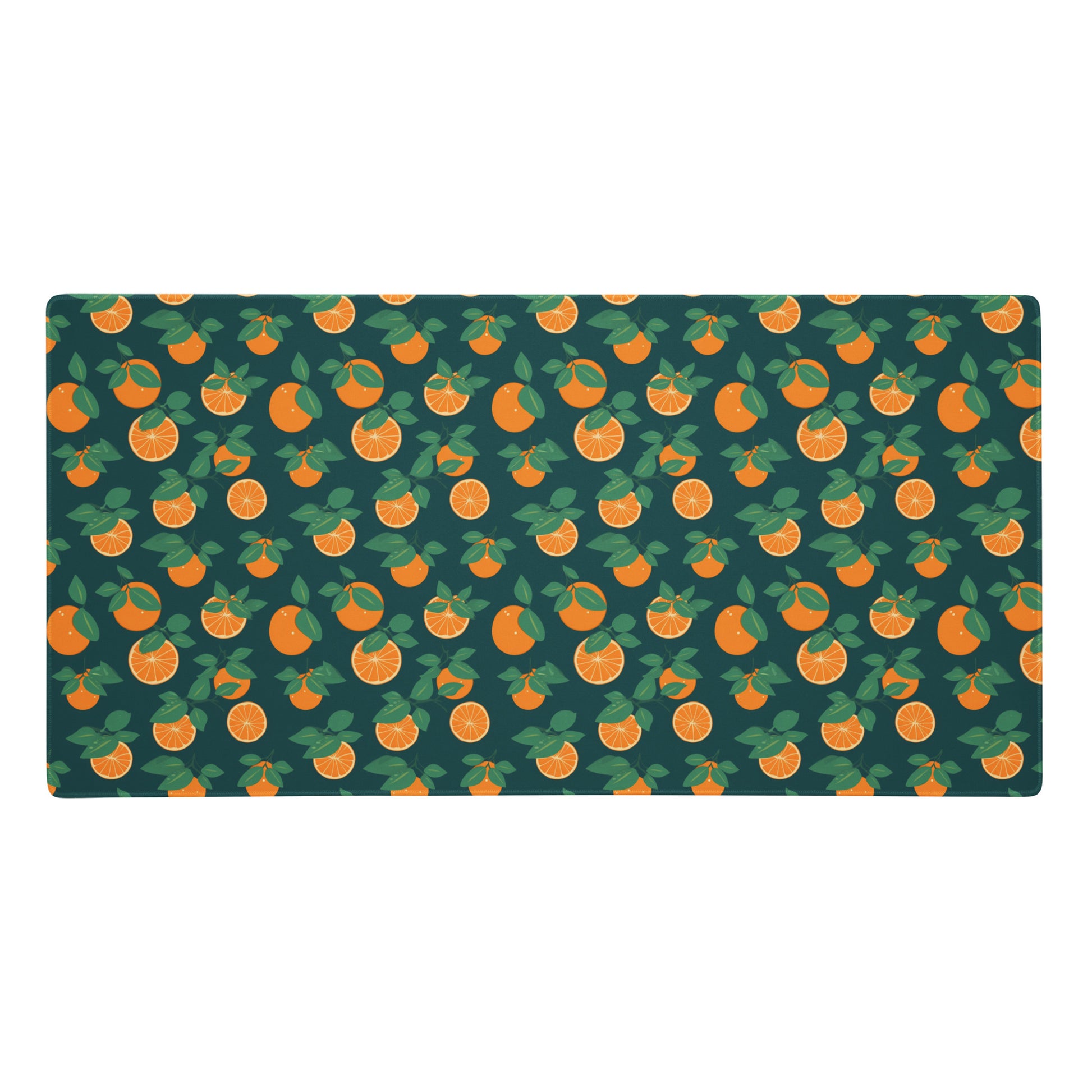 A 36" x 18" desk pad with oranges all over it. Orange and Blue in color.