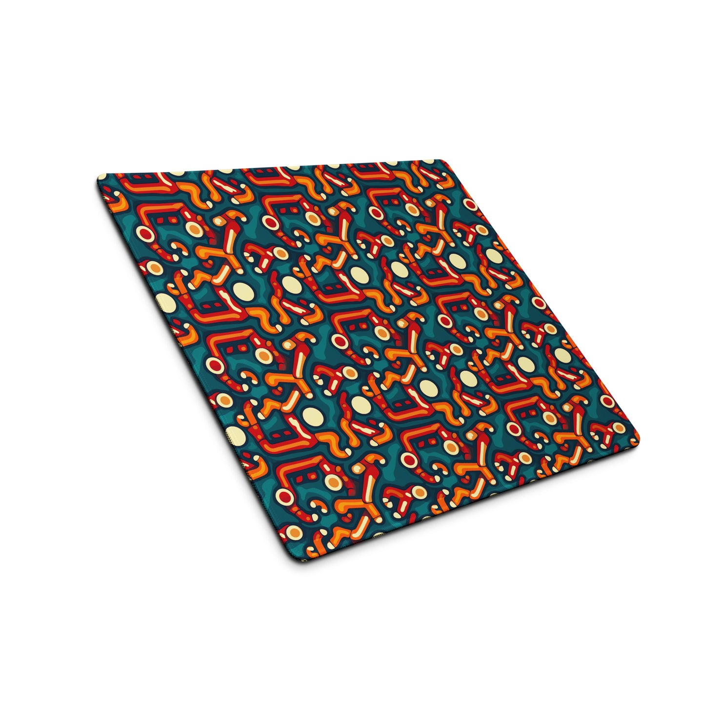 A 18" x 16" desk pad with abstract line art on it shown at an angle. Red, Orange and Teal in color.