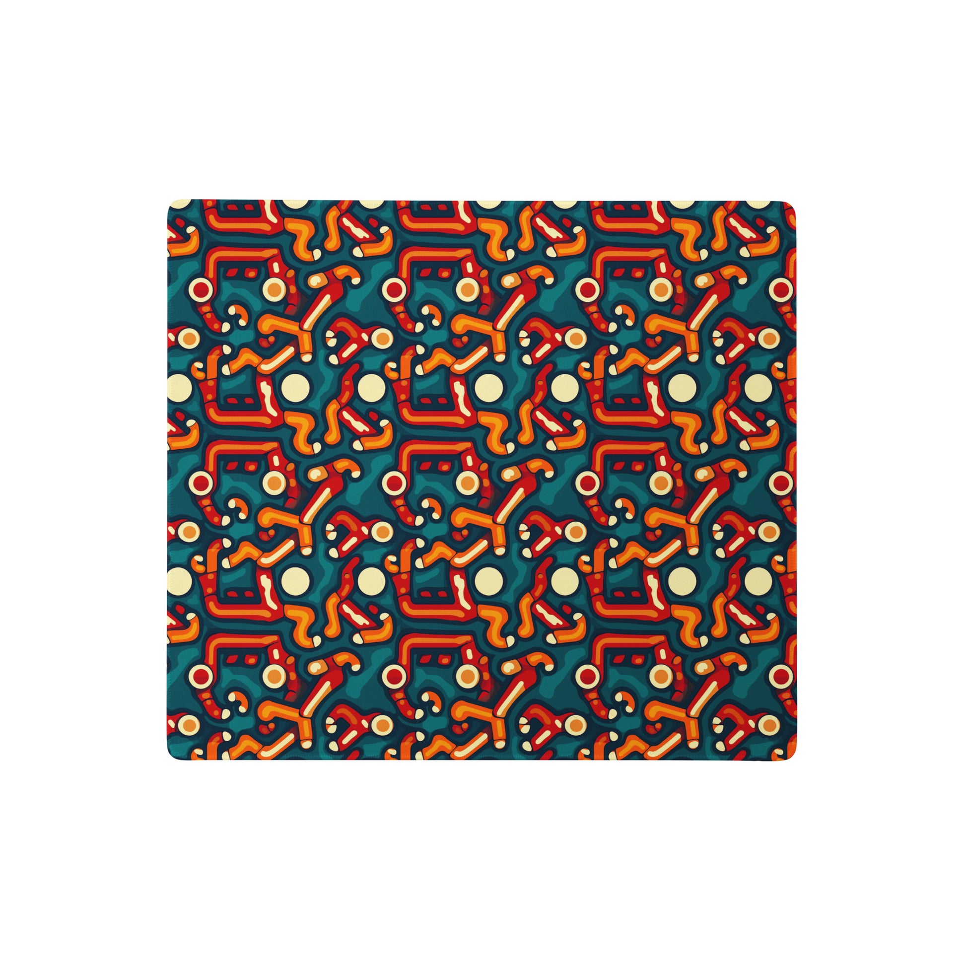 A 18" x 16" desk pad with abstract line art on it. Red, Orange and Teal in color.