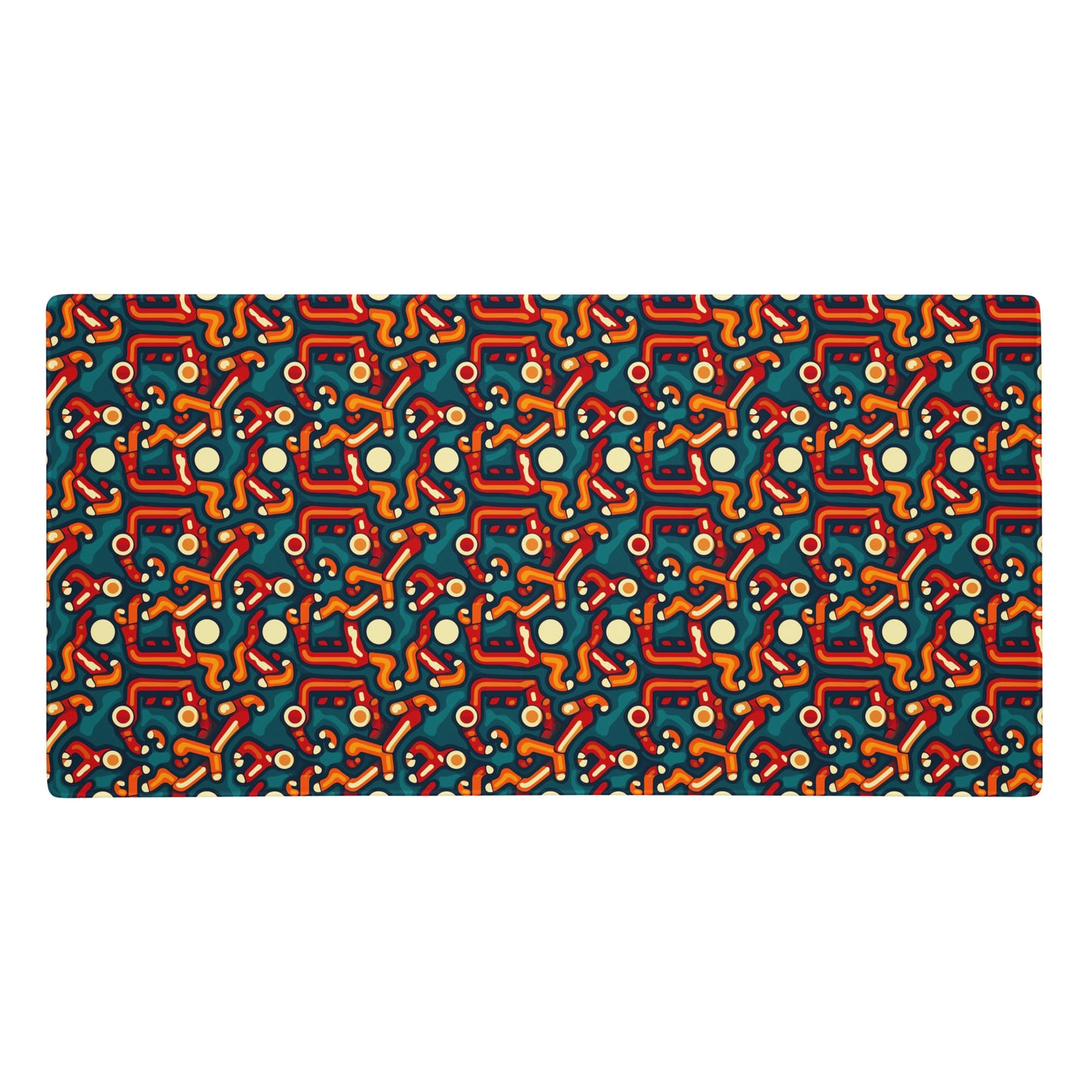 A 36" x 18" desk pad with abstract line art on it. Red, Orange and Teal in color.