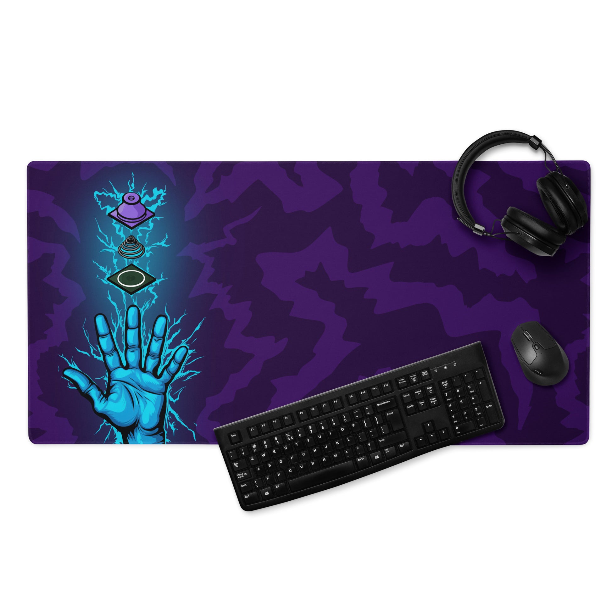 A 36" x 18" desk pad with a hand touching a broken down view of a Topre switch displayed with a keyboard, headphones and a mouse. Purple in color.