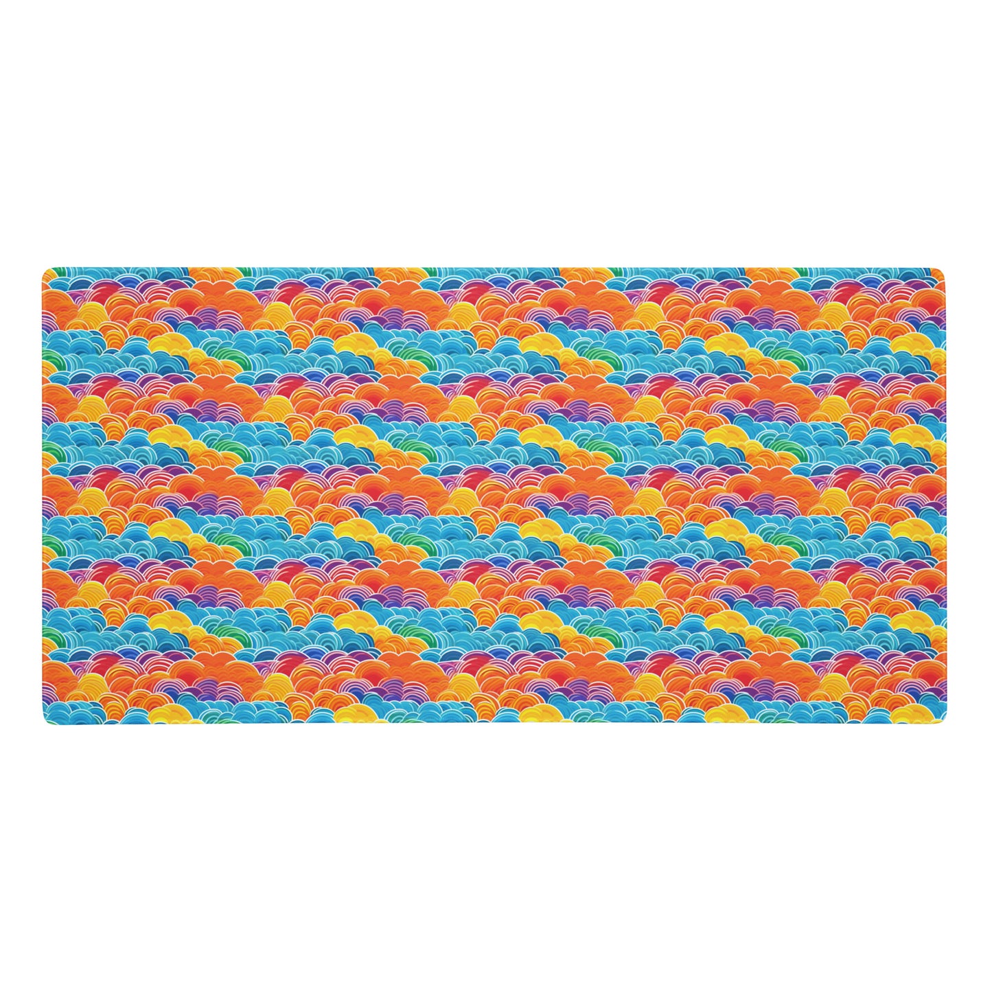 A 36" x 18" desk pad with bubbly swirly clouds all over it. Rainbow colored.